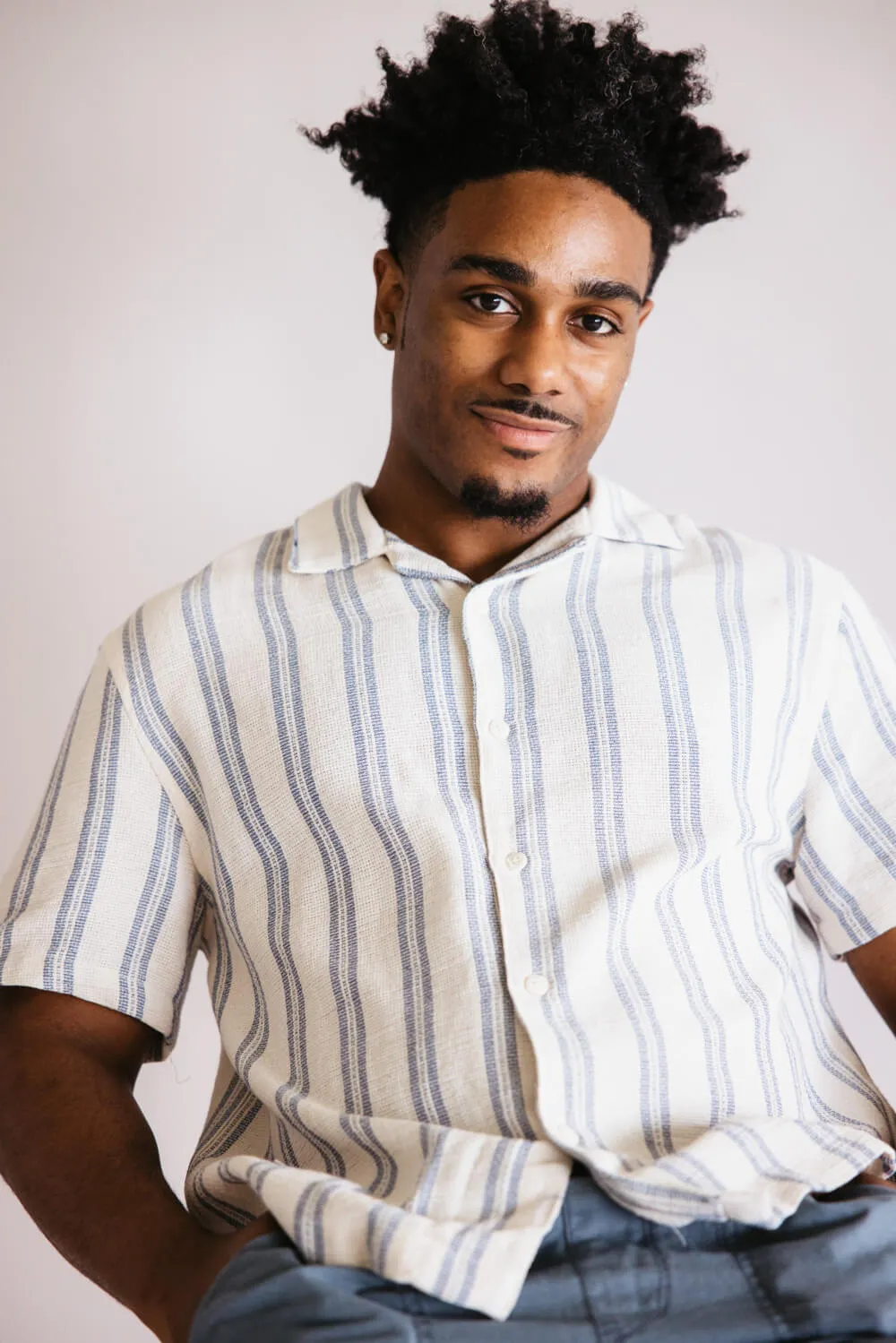 Denim & Flower Textured Striped Button-Down Shirt for Men in Blue/Off White | KWS-B536