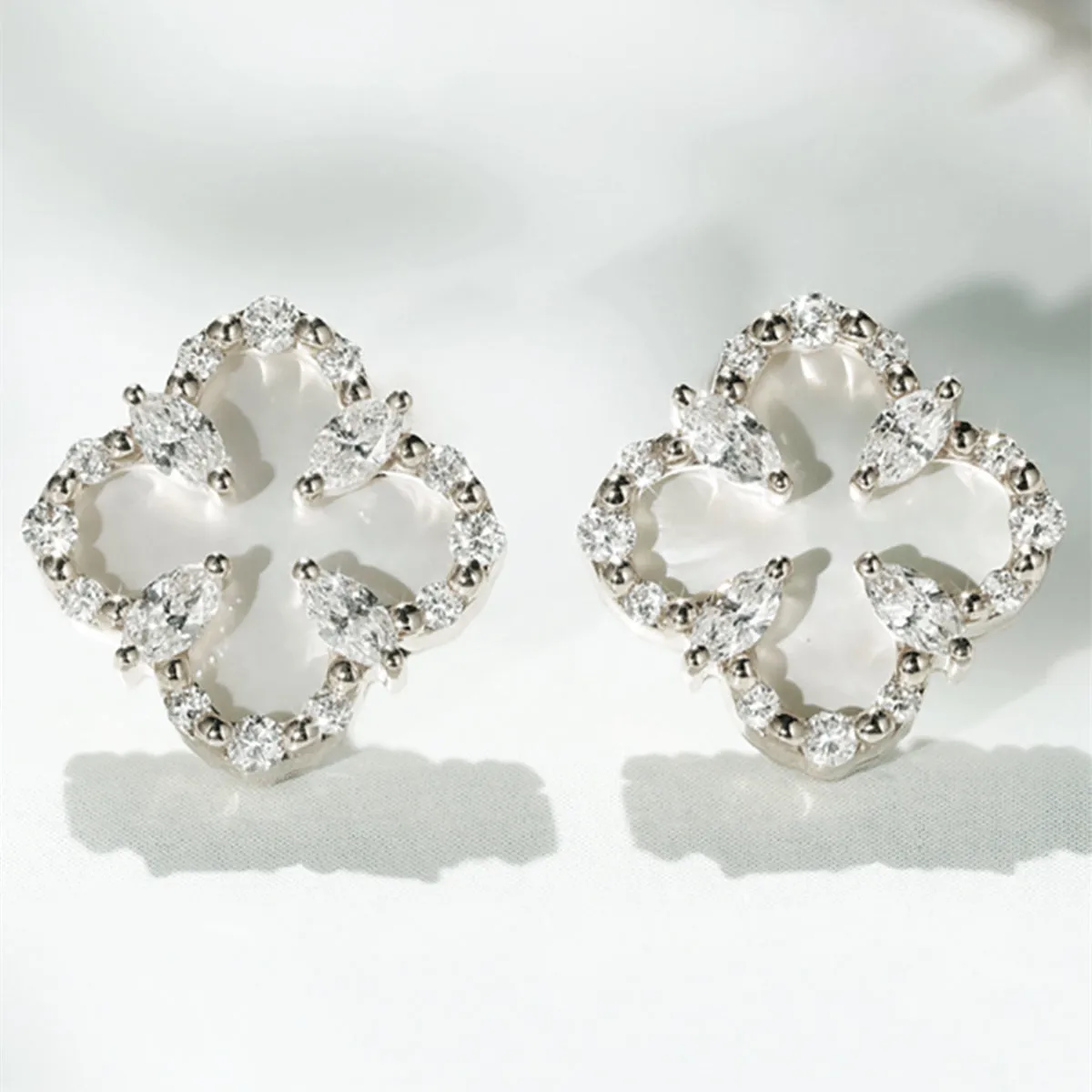 Diamond and Mother of Pearl Lucky Clover Stud Earrings