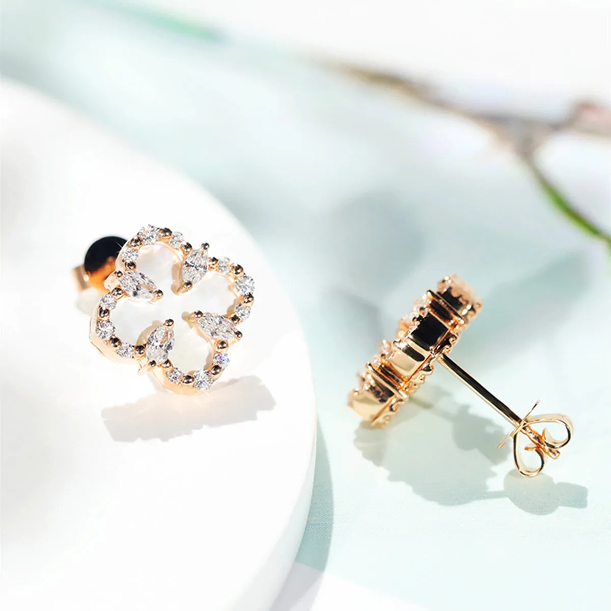 Diamond and Mother of Pearl Lucky Clover Stud Earrings
