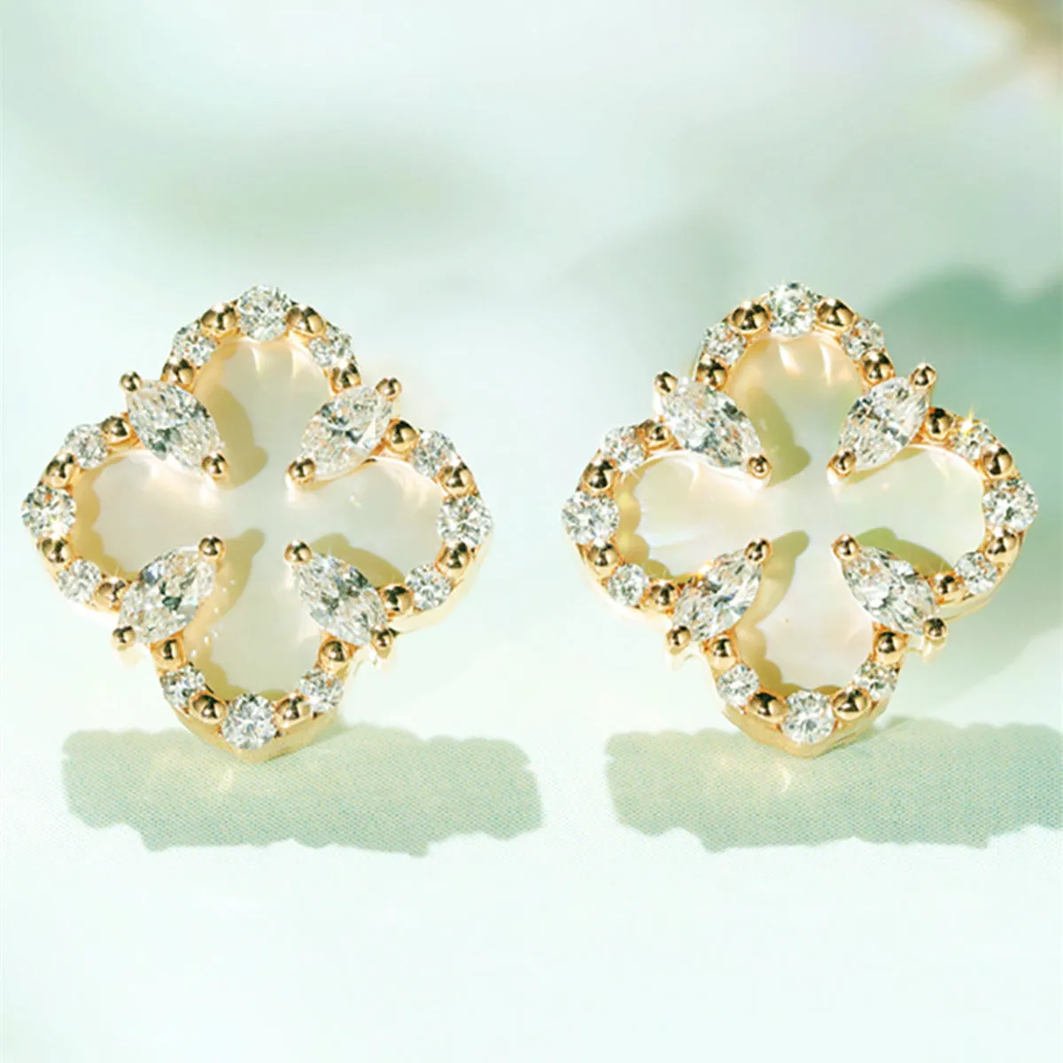 Diamond and Mother of Pearl Lucky Clover Stud Earrings