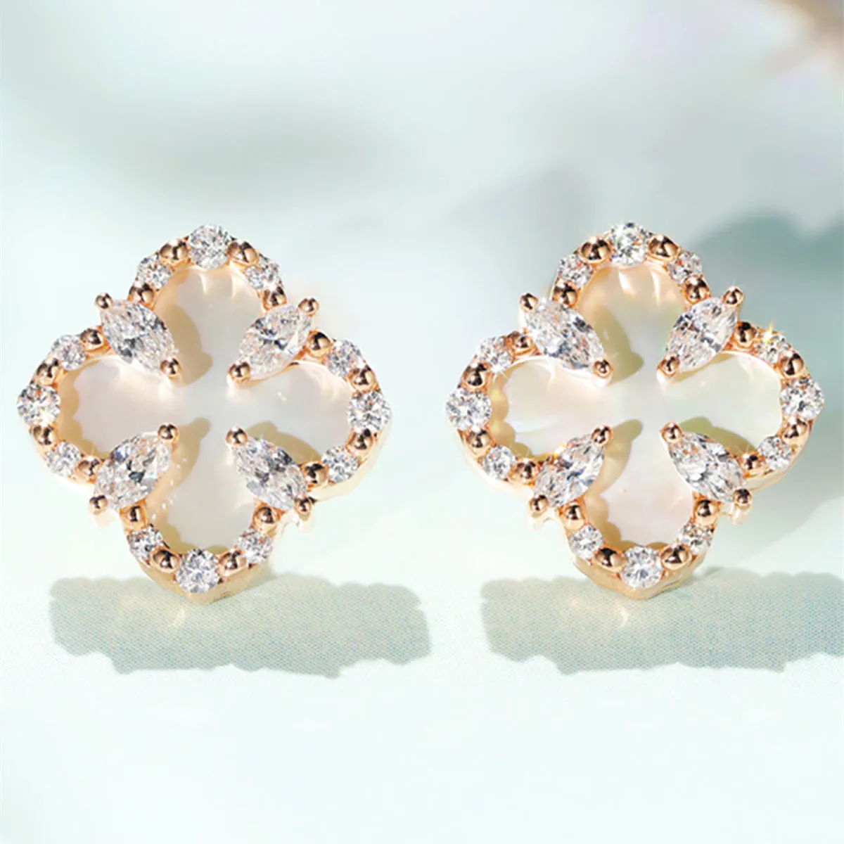 Diamond and Mother of Pearl Lucky Clover Stud Earrings