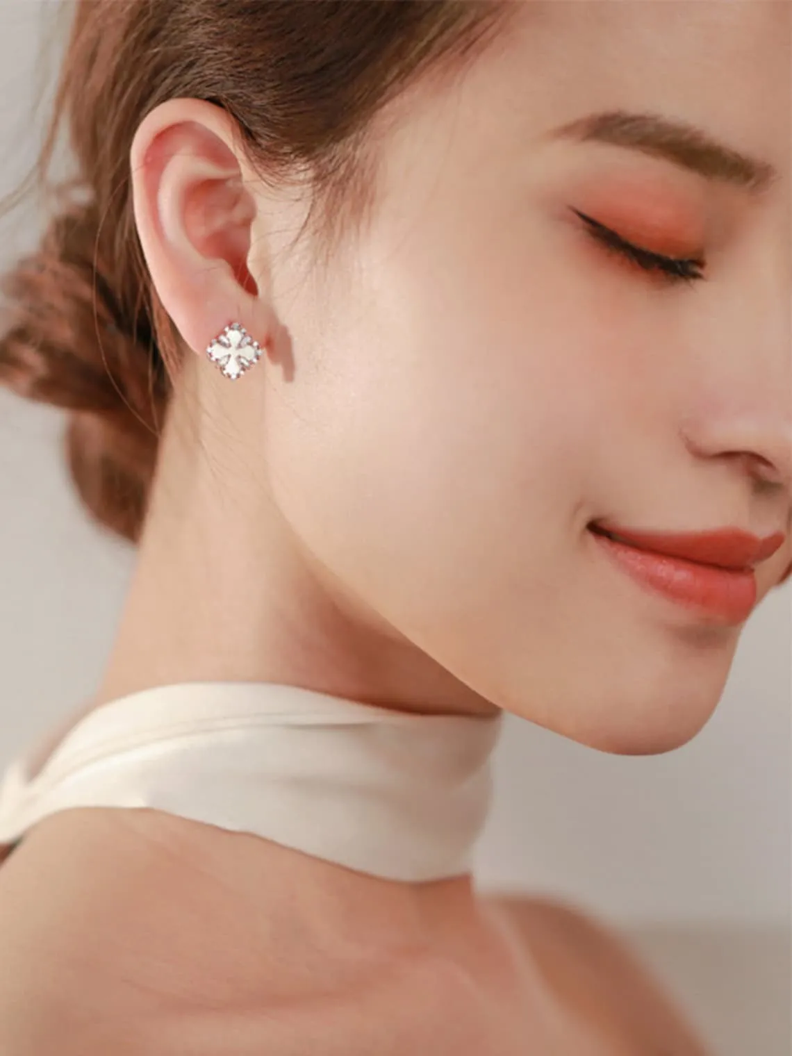 Diamond and Mother of Pearl Lucky Clover Stud Earrings