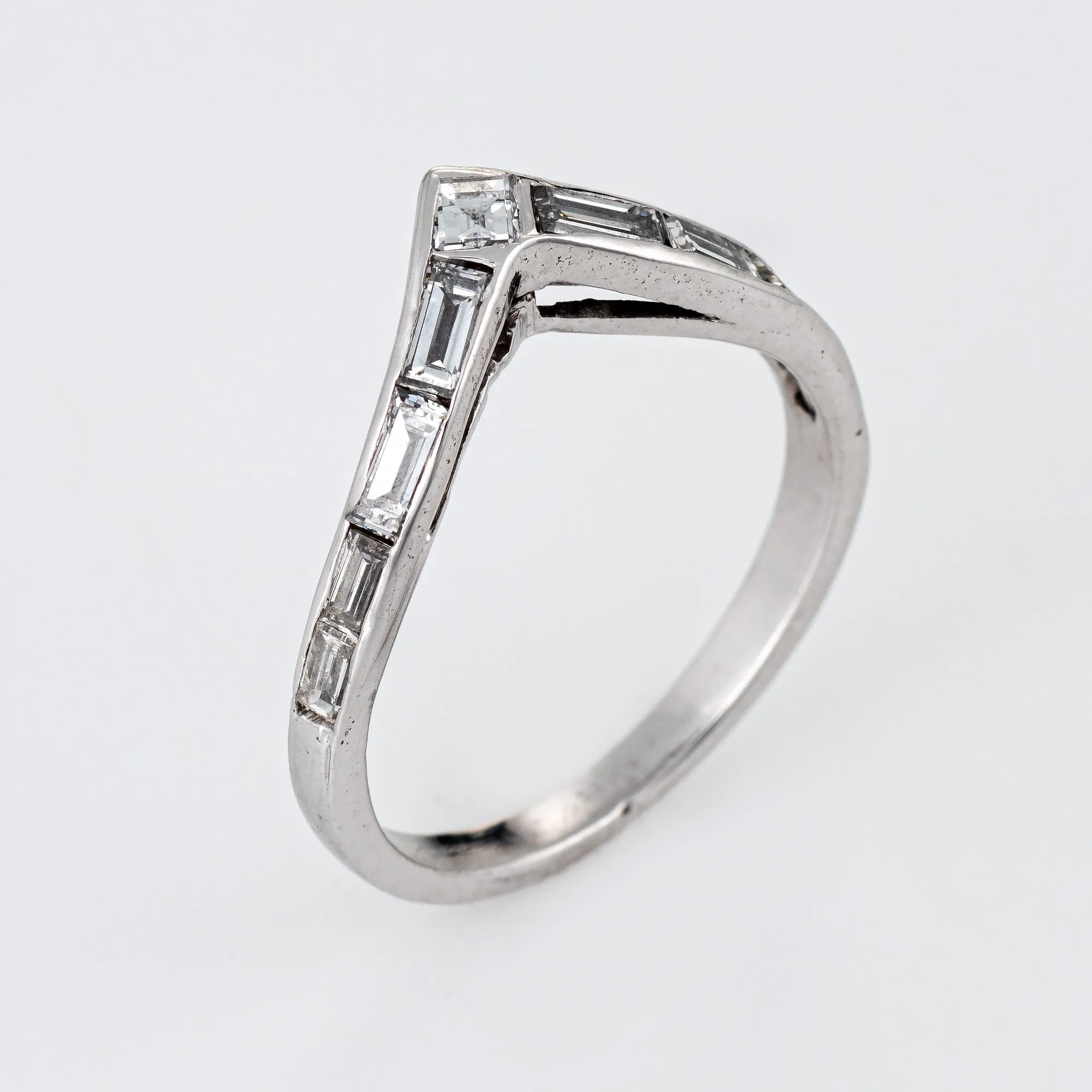 Diamond V Band Vintage Platinum Ring Mixed Cut Diamonds Sz 4.75 Estate Jewelry