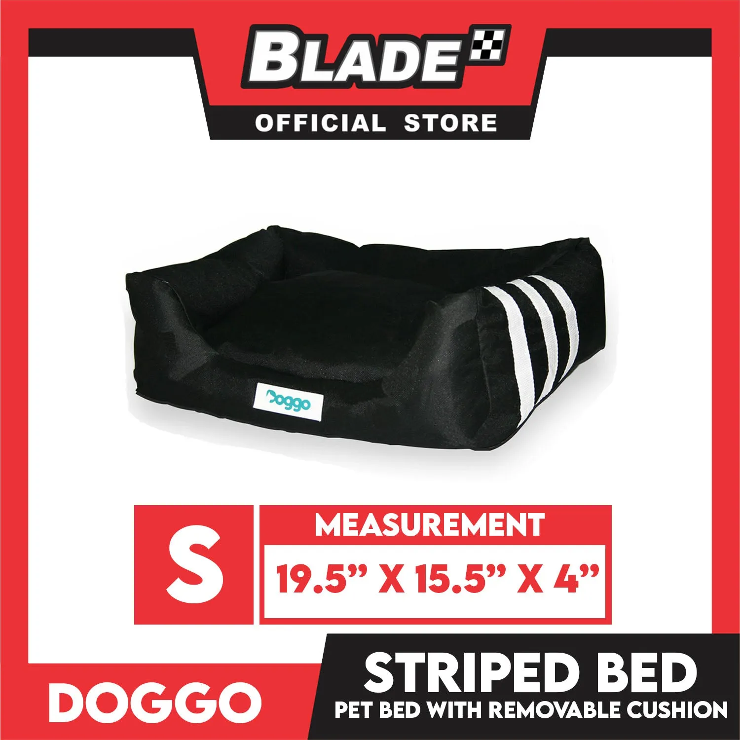 Doggo Striped Bed Black with White Striped (Small) with Removable Cushion