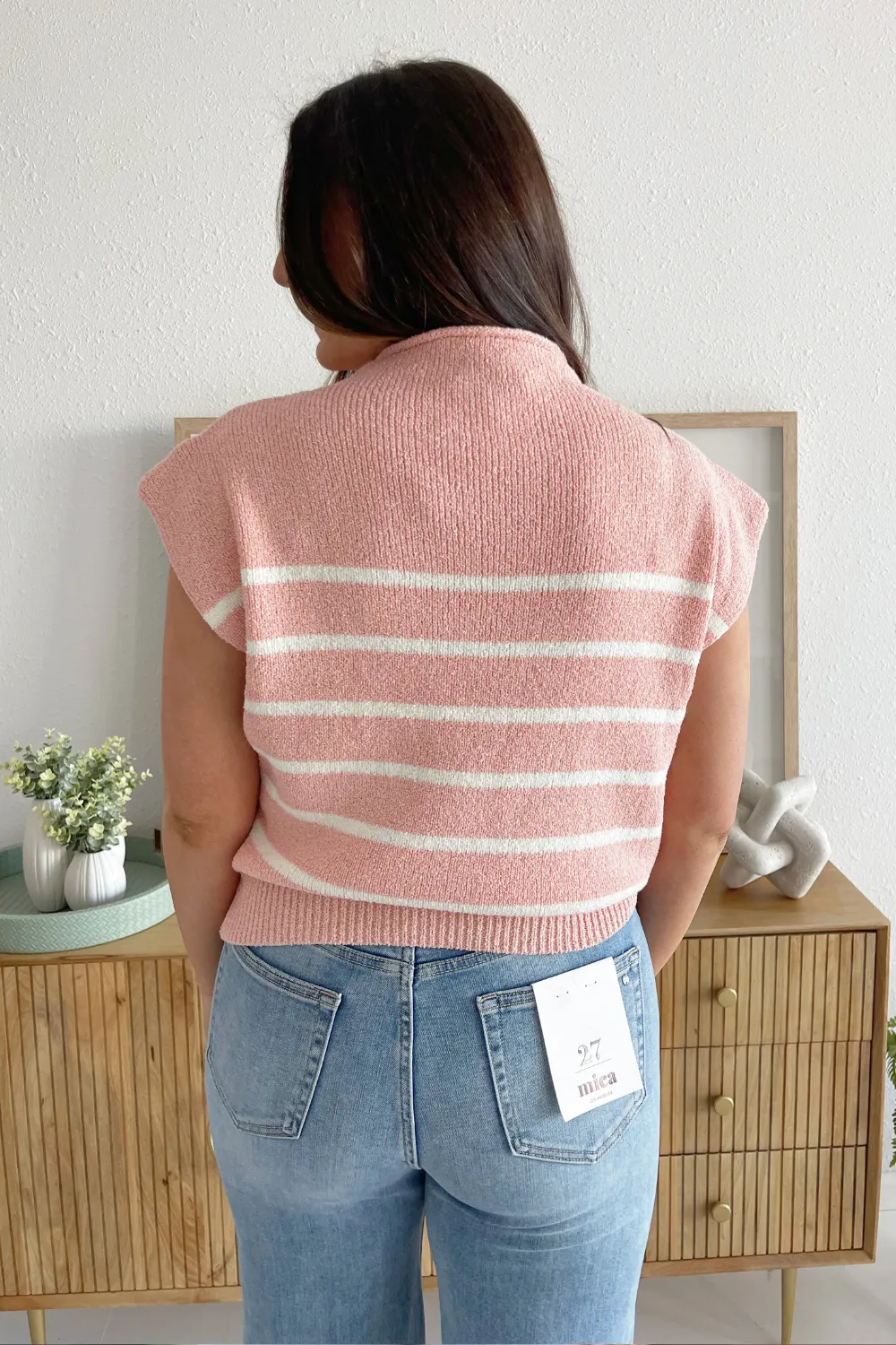 Drop Shoulder Mock Neck Striped Sweater Top