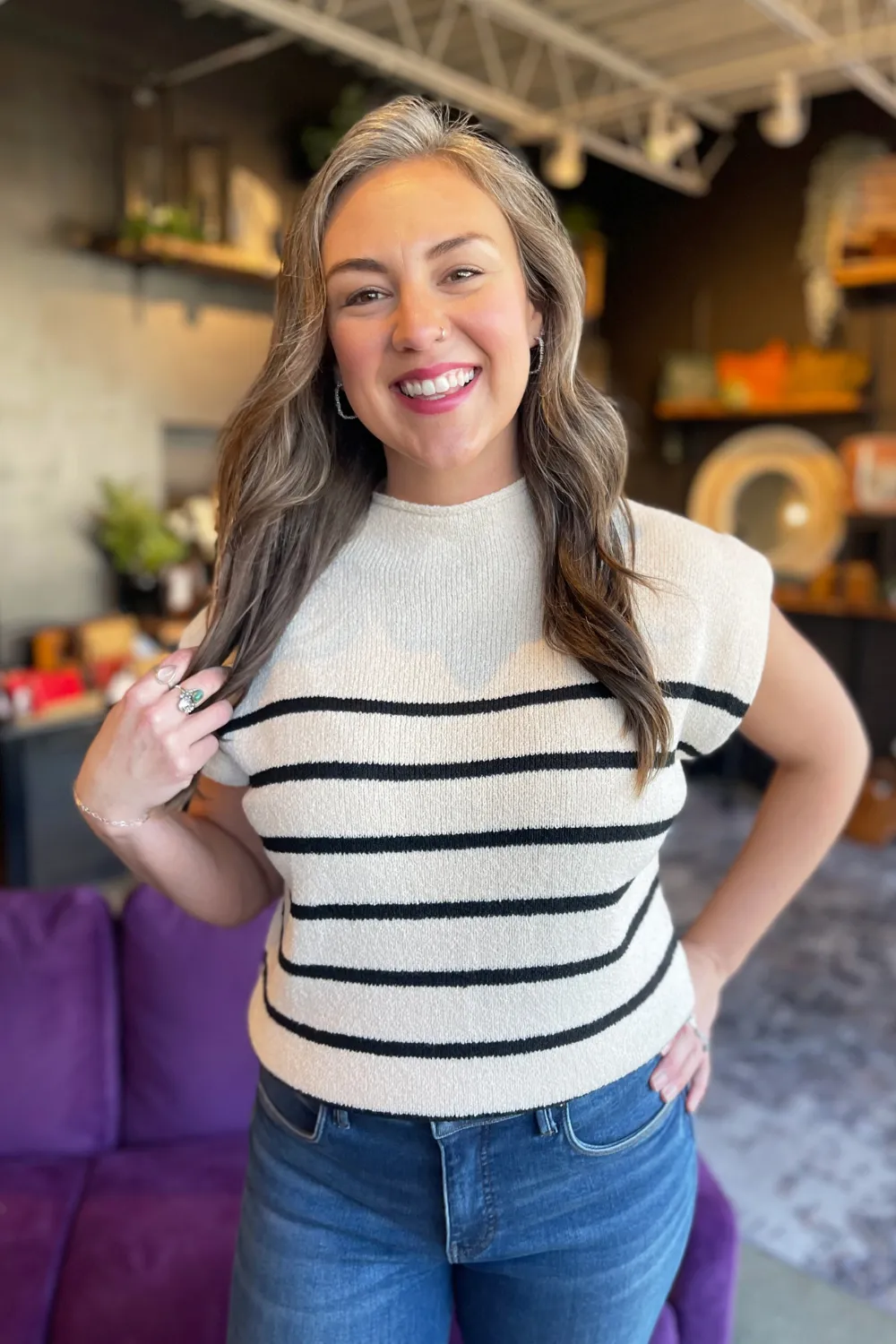 Drop Shoulder Mock Neck Striped Sweater Top