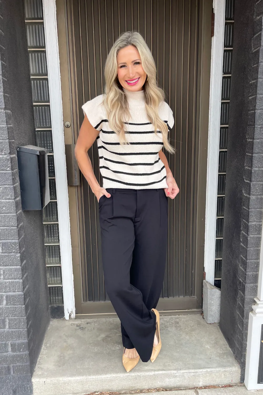 Drop Shoulder Mock Neck Striped Sweater Top