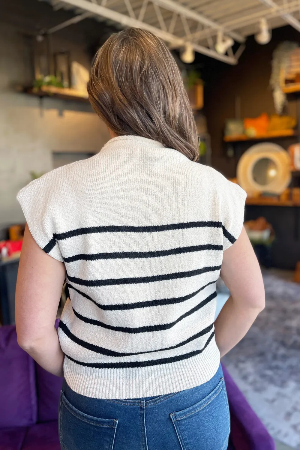 Drop Shoulder Mock Neck Striped Sweater Top