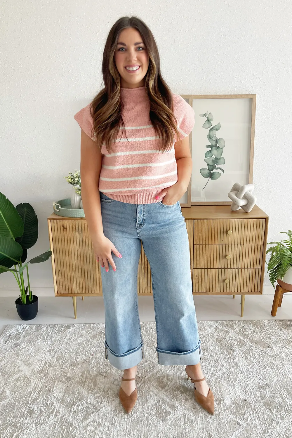 Drop Shoulder Mock Neck Striped Sweater Top