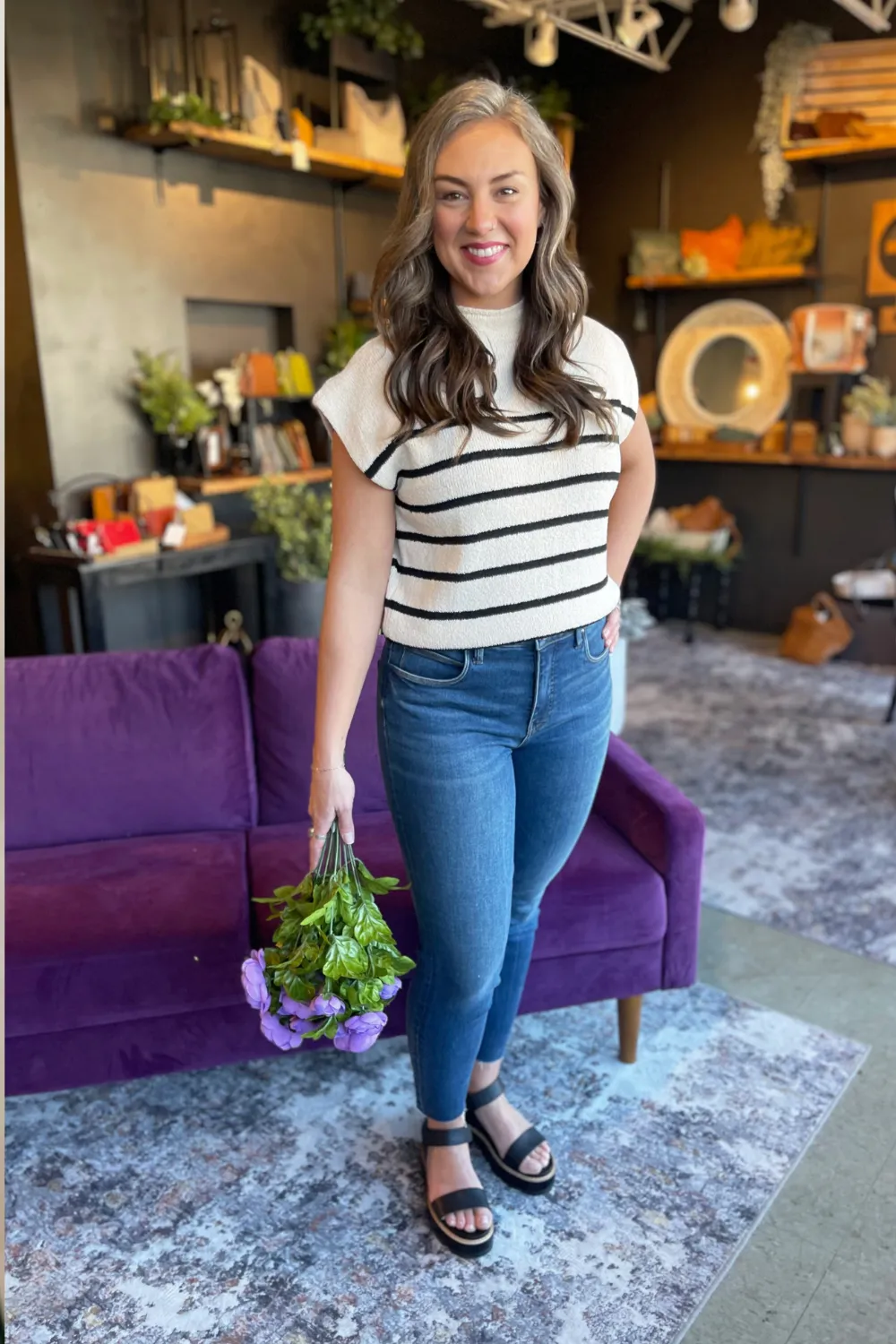 Drop Shoulder Mock Neck Striped Sweater Top