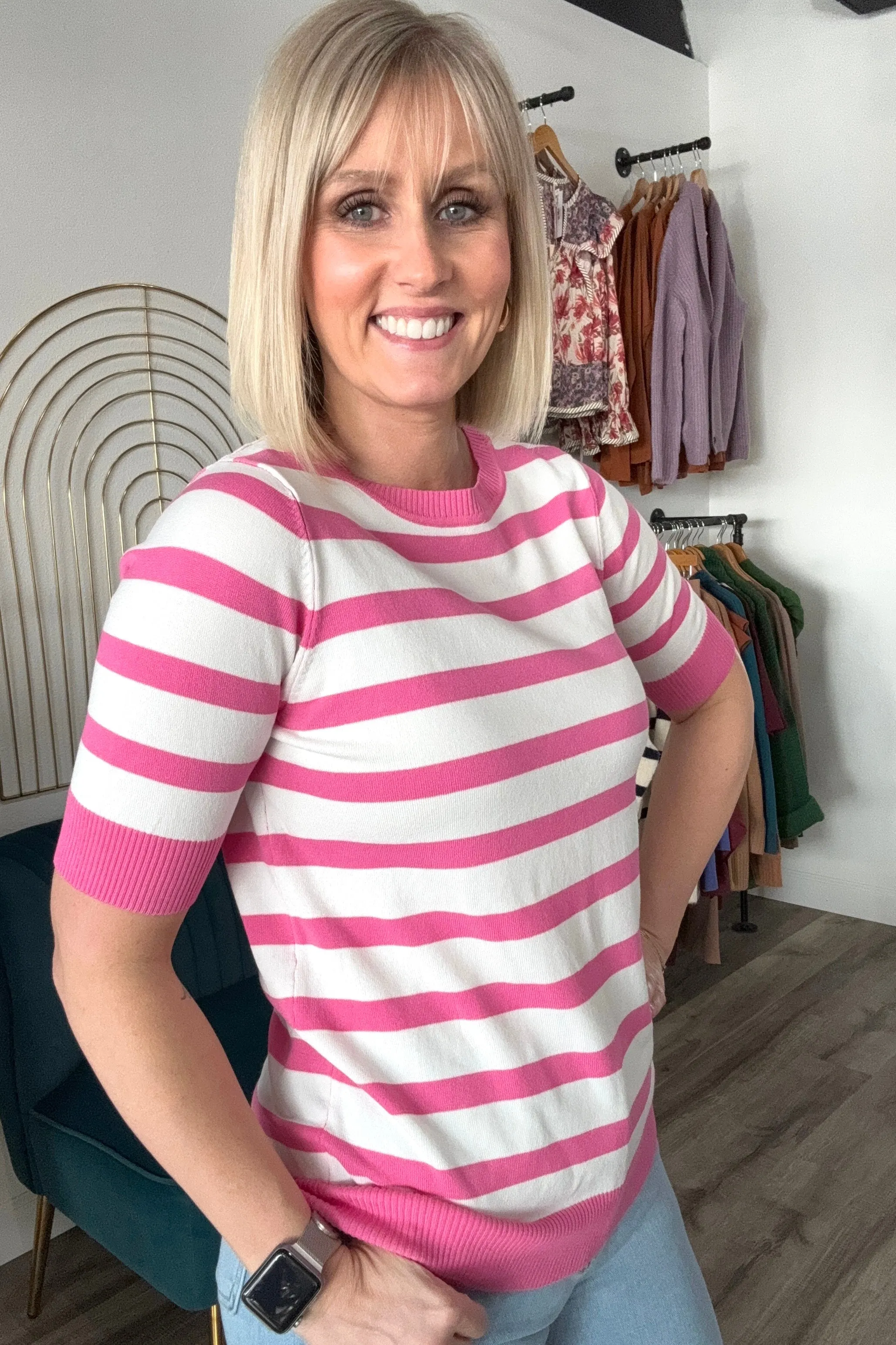 Elena Pink Striped Knit Top