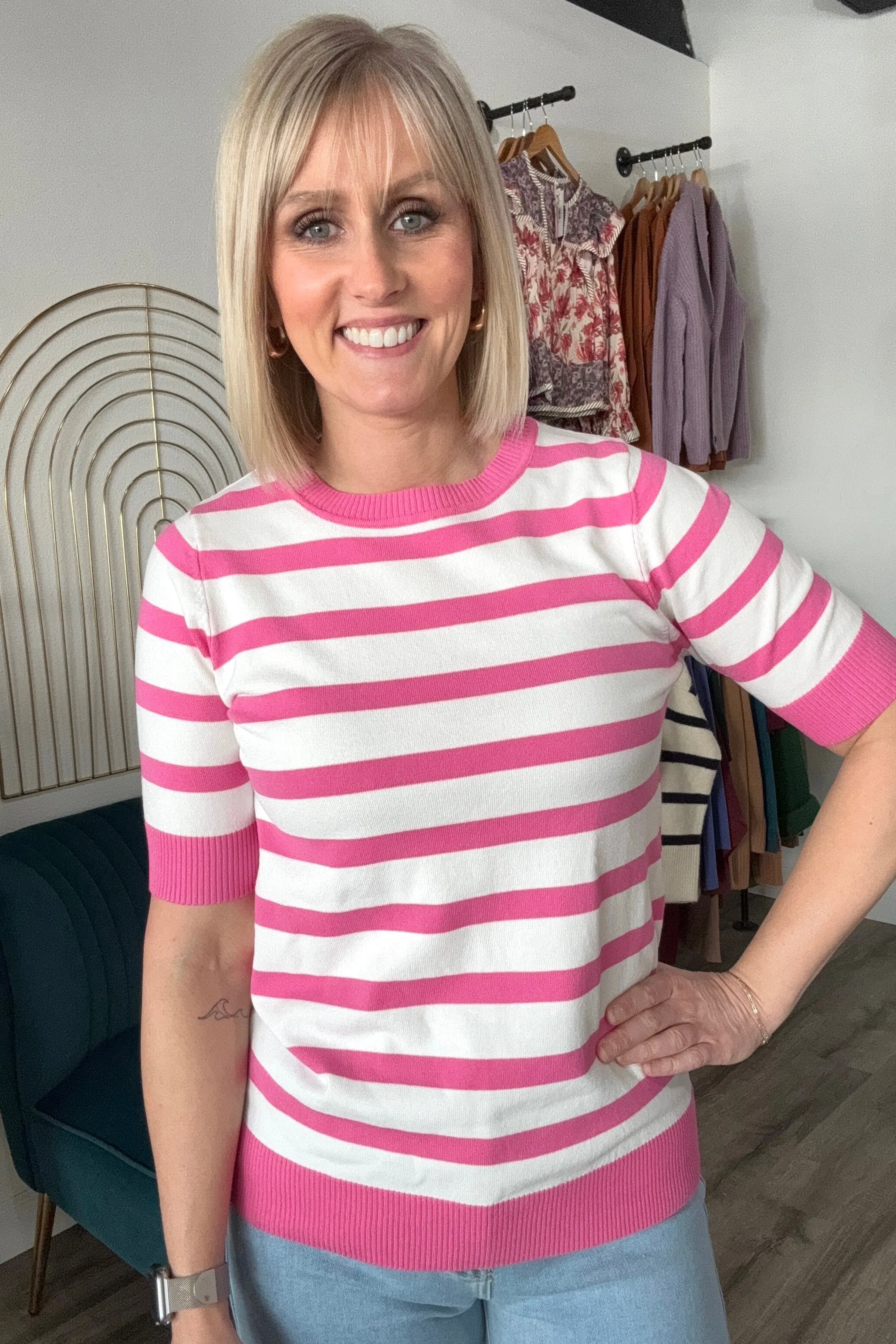 Elena Pink Striped Knit Top