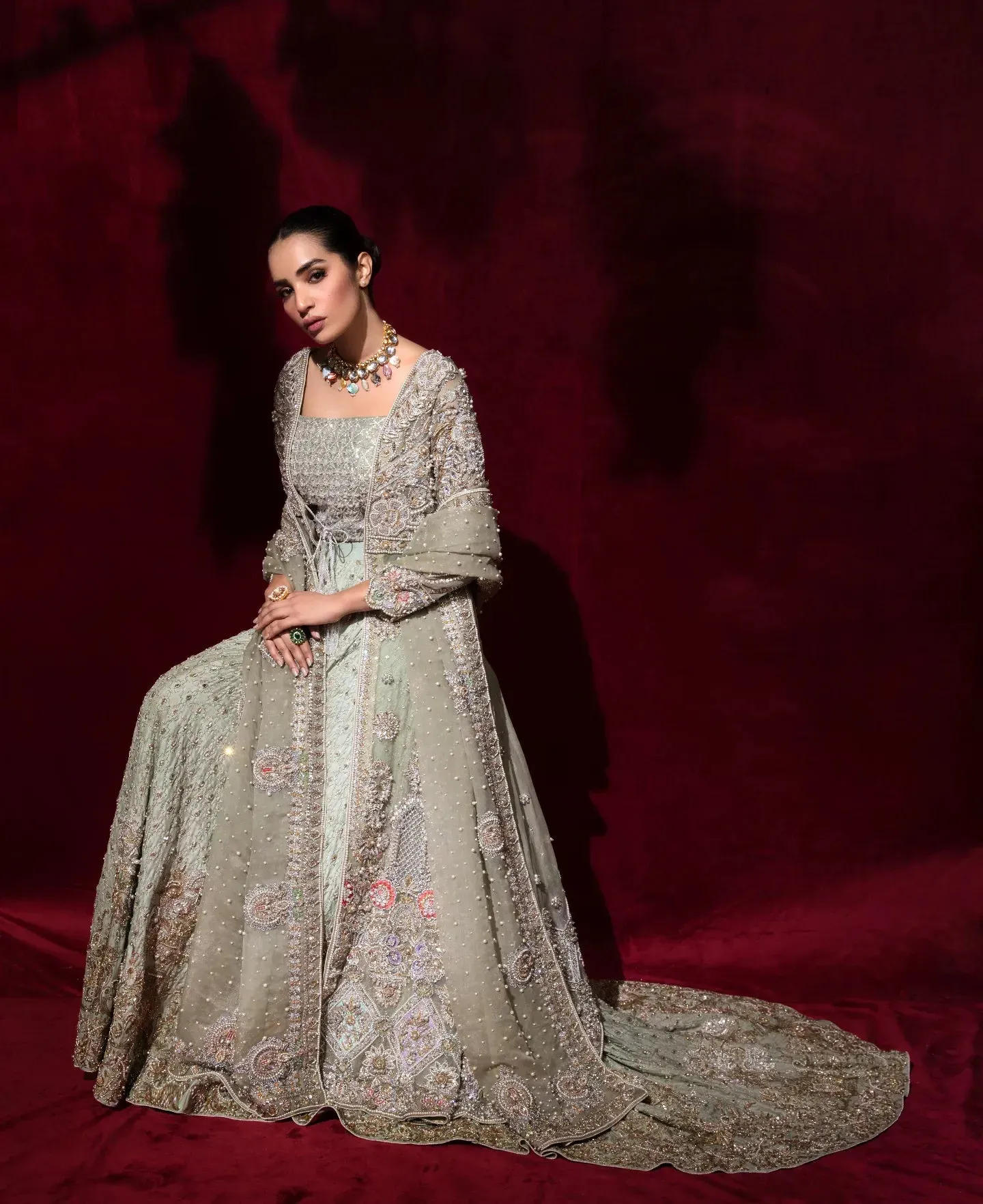 Embellished Gown with Lehenga Choli and Dupatta Dress