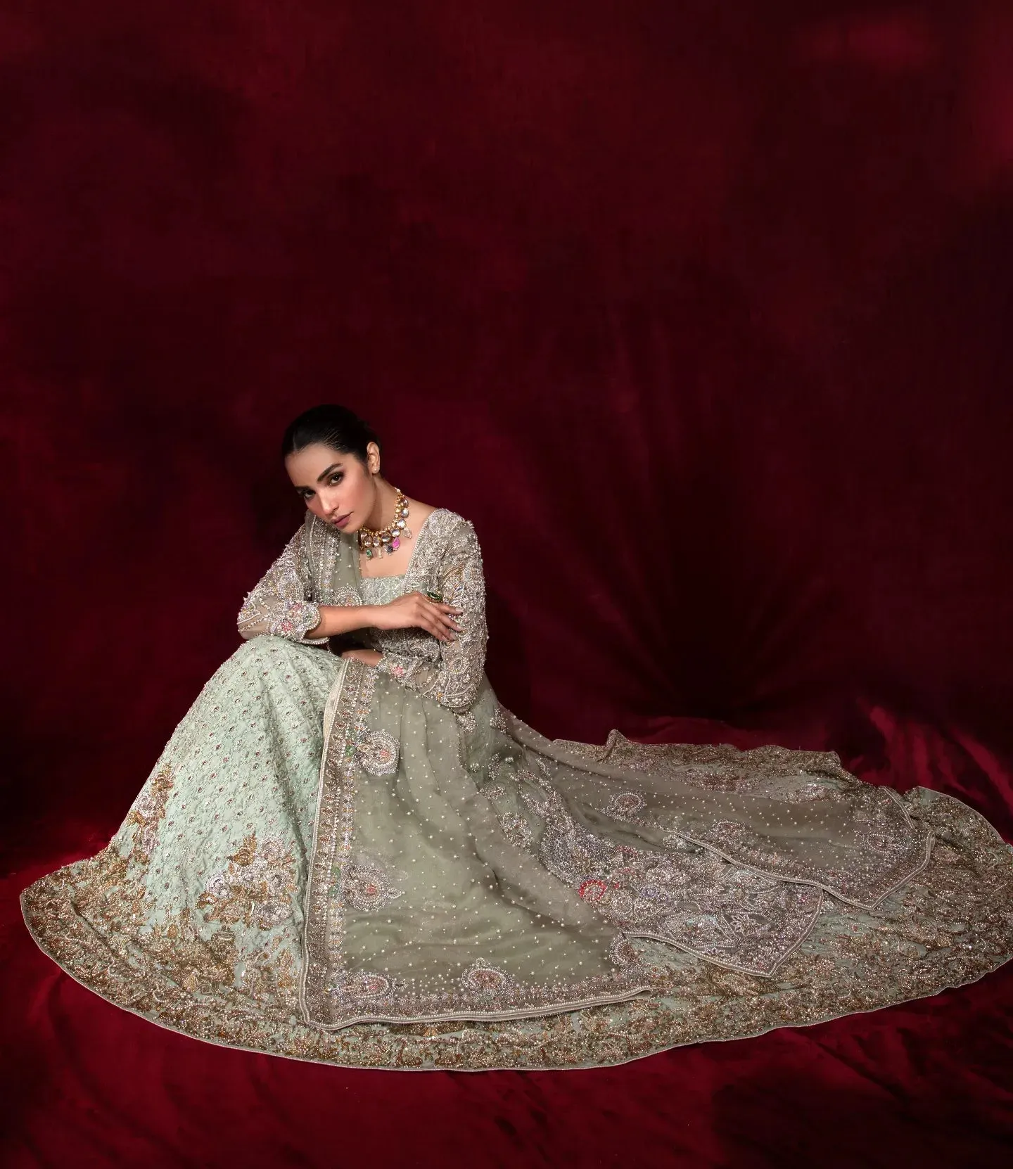 Embellished Gown with Lehenga Choli and Dupatta Dress