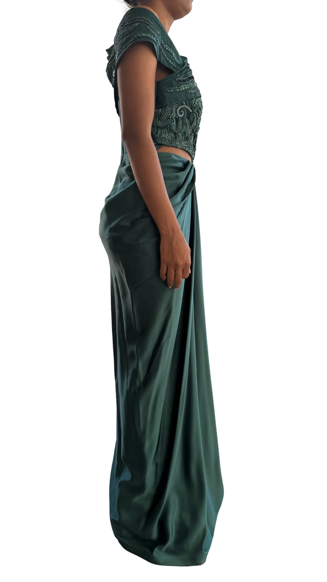 Emerald Green Embellished Draped Gown