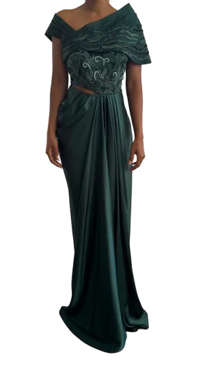 Emerald Green Embellished Draped Gown