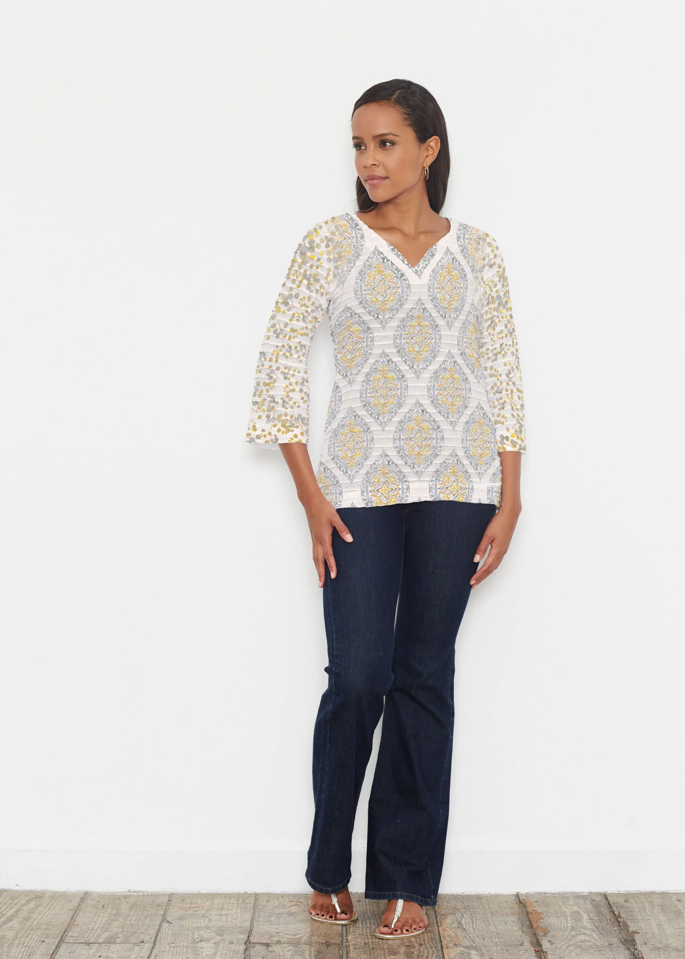 Etched Motif (8014) ~ Banded 3/4 Bell-Sleeve V-Neck Tunic