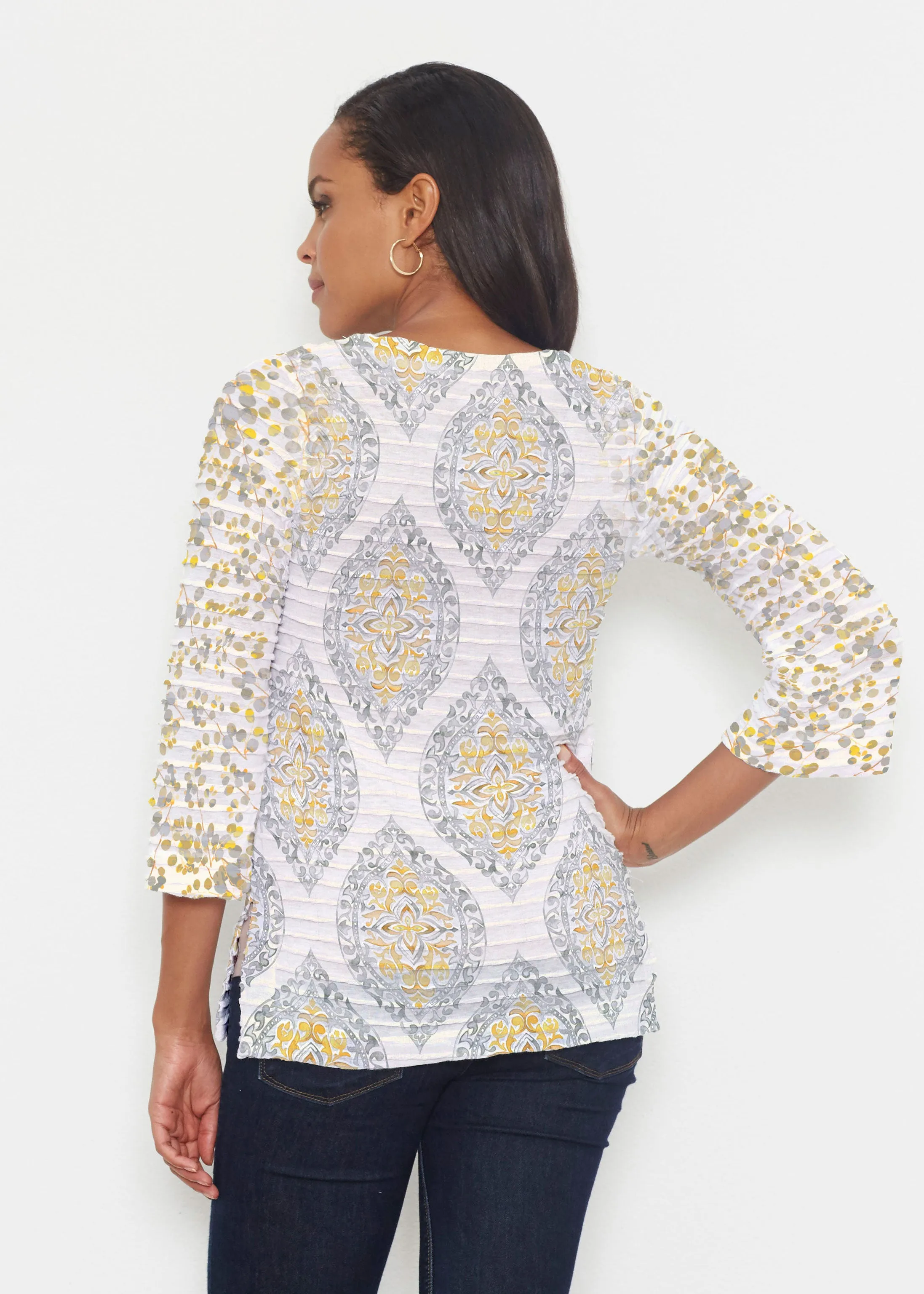 Etched Motif (8014) ~ Banded 3/4 Bell-Sleeve V-Neck Tunic