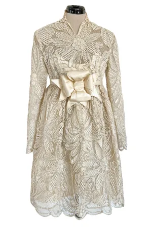 Extraordinary 1960s Donald Brooks Couture Ivory Net Lace & Silk Cord Babydoll Dress