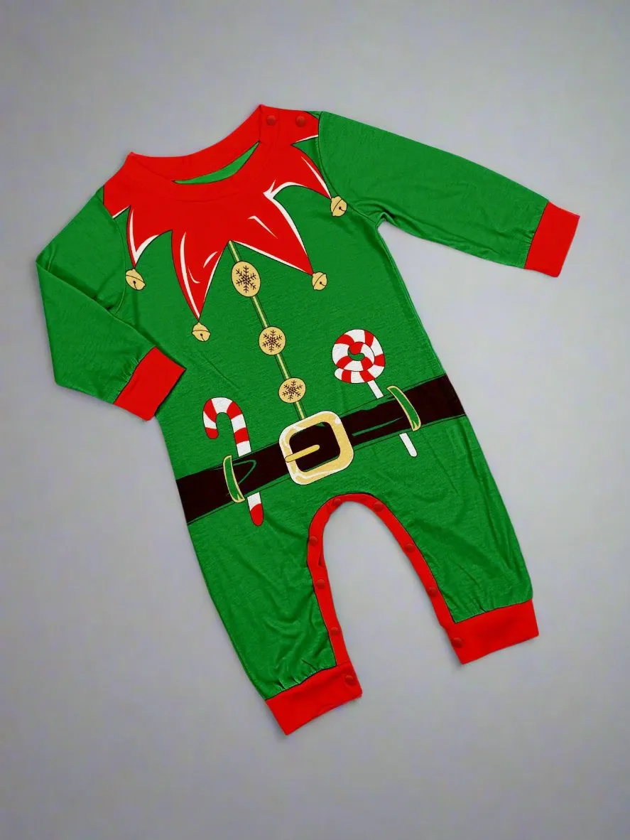 Family Matching Christmas Elf Pajama Set - Festive Green & Red Striped Elf Costume Design for Holiday Fun