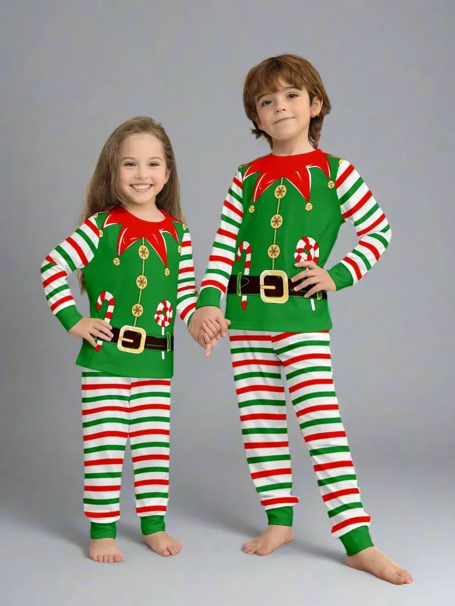 Family Matching Christmas Elf Pajama Set - Festive Green & Red Striped Elf Costume Design for Holiday Fun