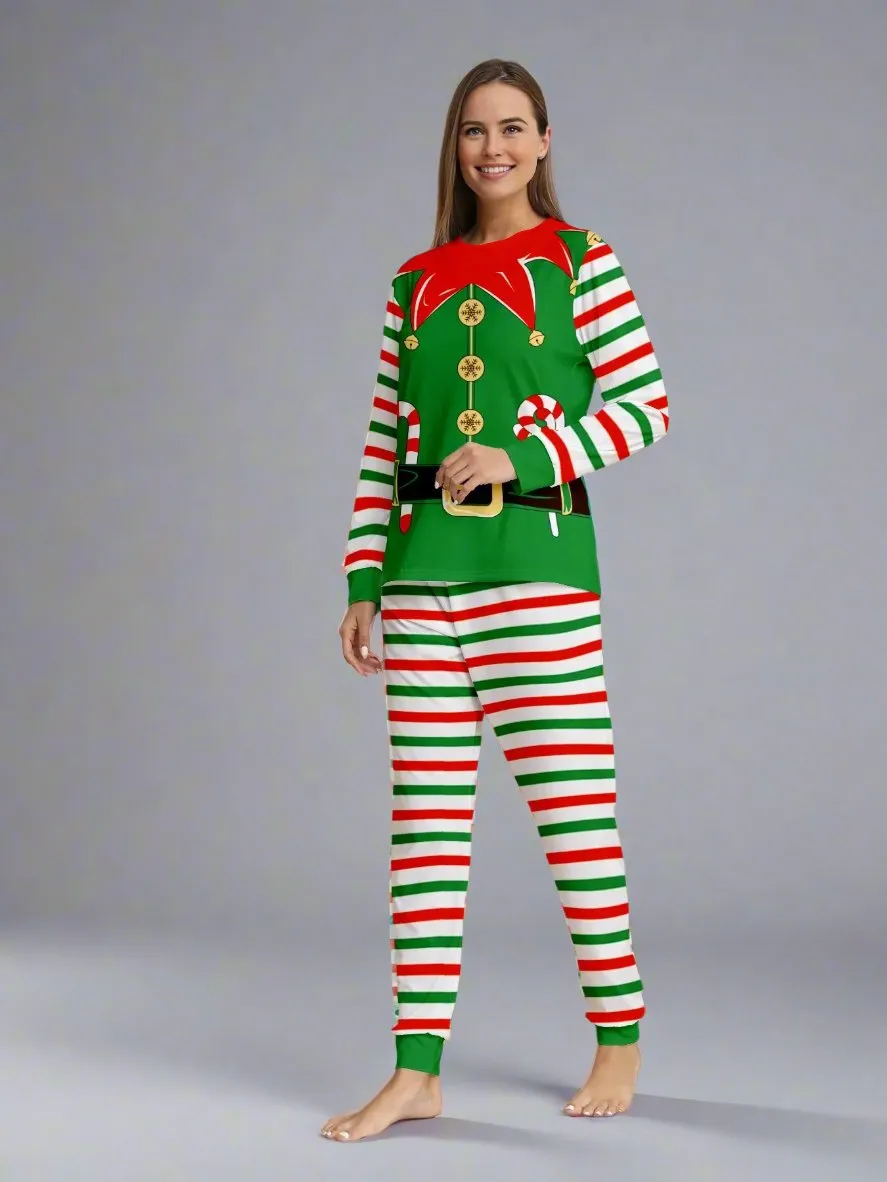 Family Matching Christmas Elf Pajama Set - Festive Green & Red Striped Elf Costume Design for Holiday Fun