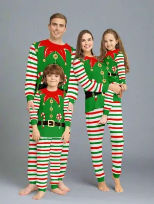 Family Matching Christmas Elf Pajama Set - Festive Green & Red Striped Elf Costume Design for Holiday Fun