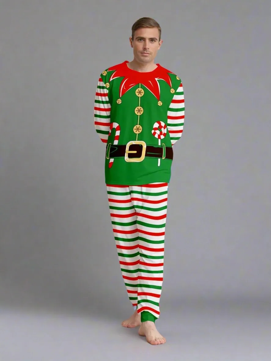 Family Matching Christmas Elf Pajama Set - Festive Green & Red Striped Elf Costume Design for Holiday Fun
