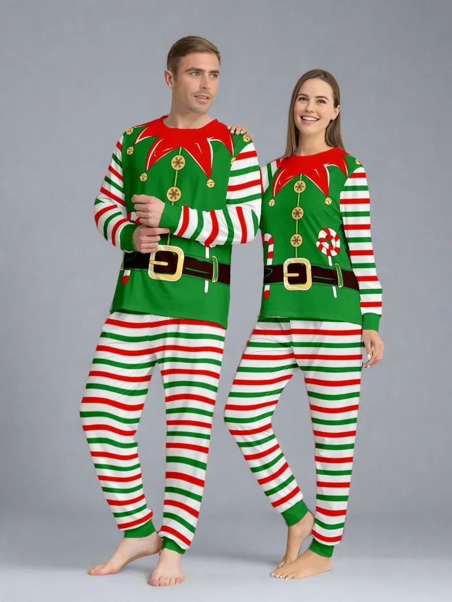 Family Matching Christmas Elf Pajama Set - Festive Green & Red Striped Elf Costume Design for Holiday Fun