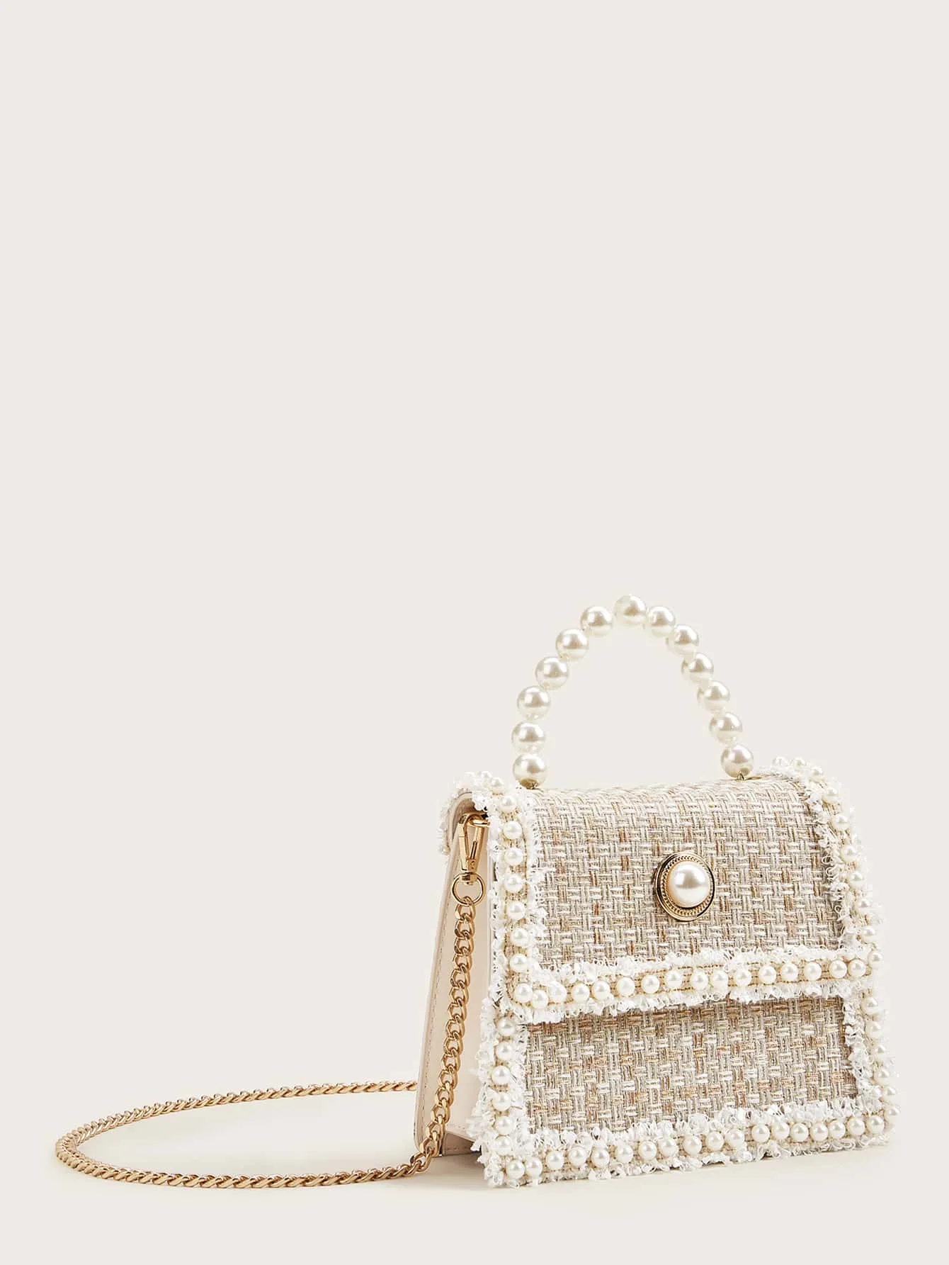 Faux Pearl Decor Tweed Satchel Bag - Beige