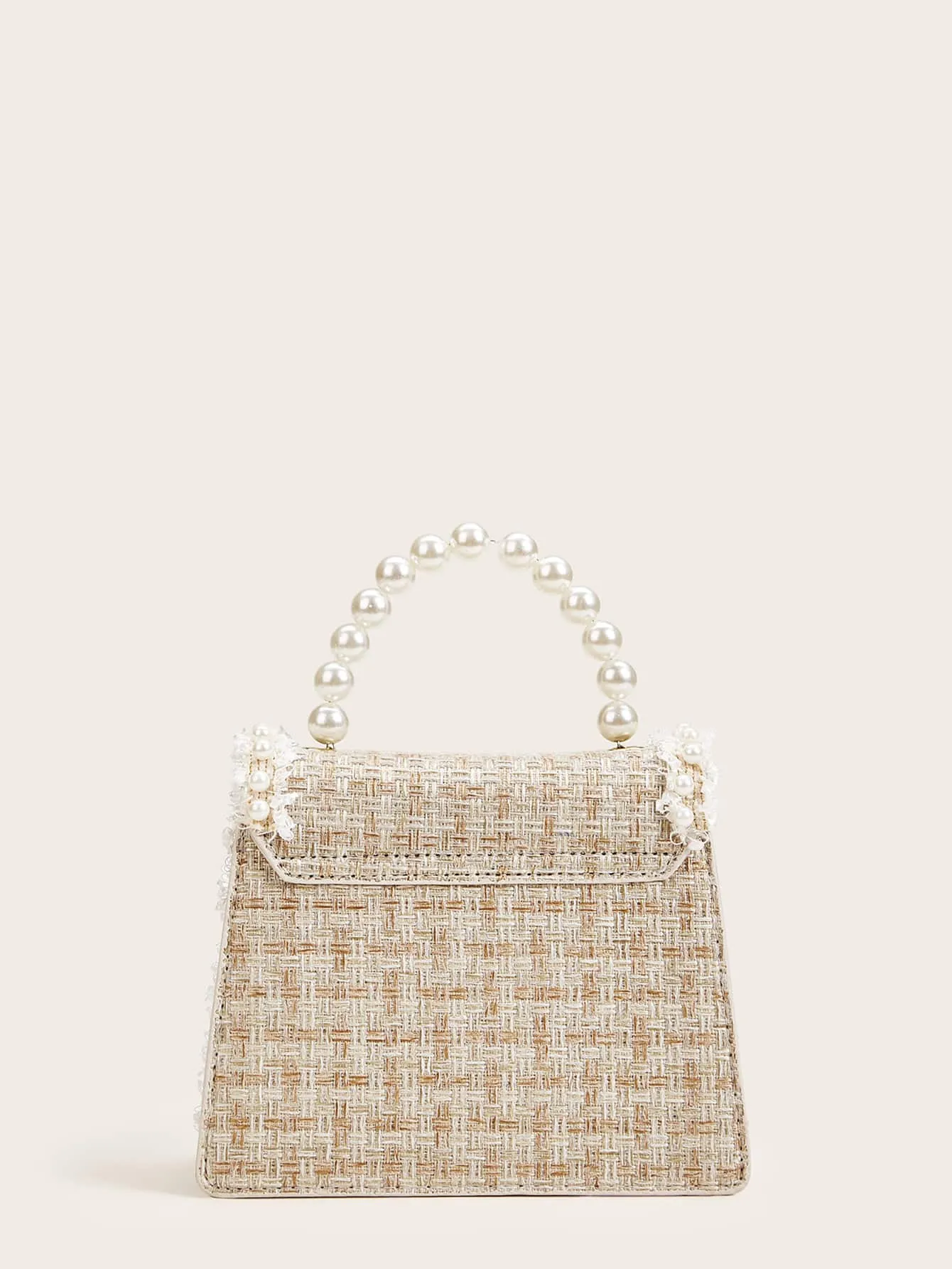 Faux Pearl Decor Tweed Satchel Bag - Beige