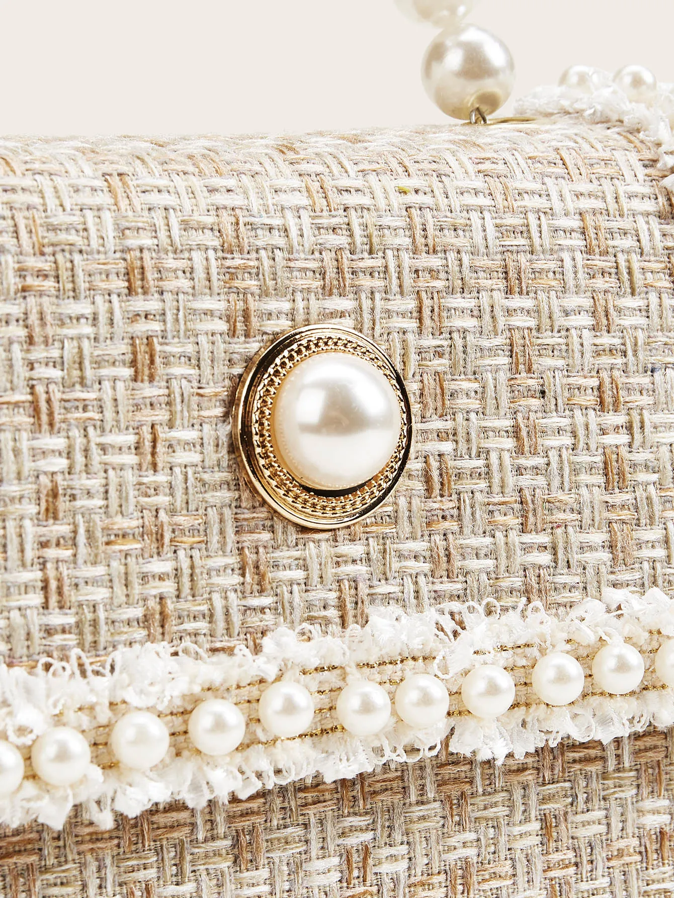 Faux Pearl Decor Tweed Satchel Bag - Beige