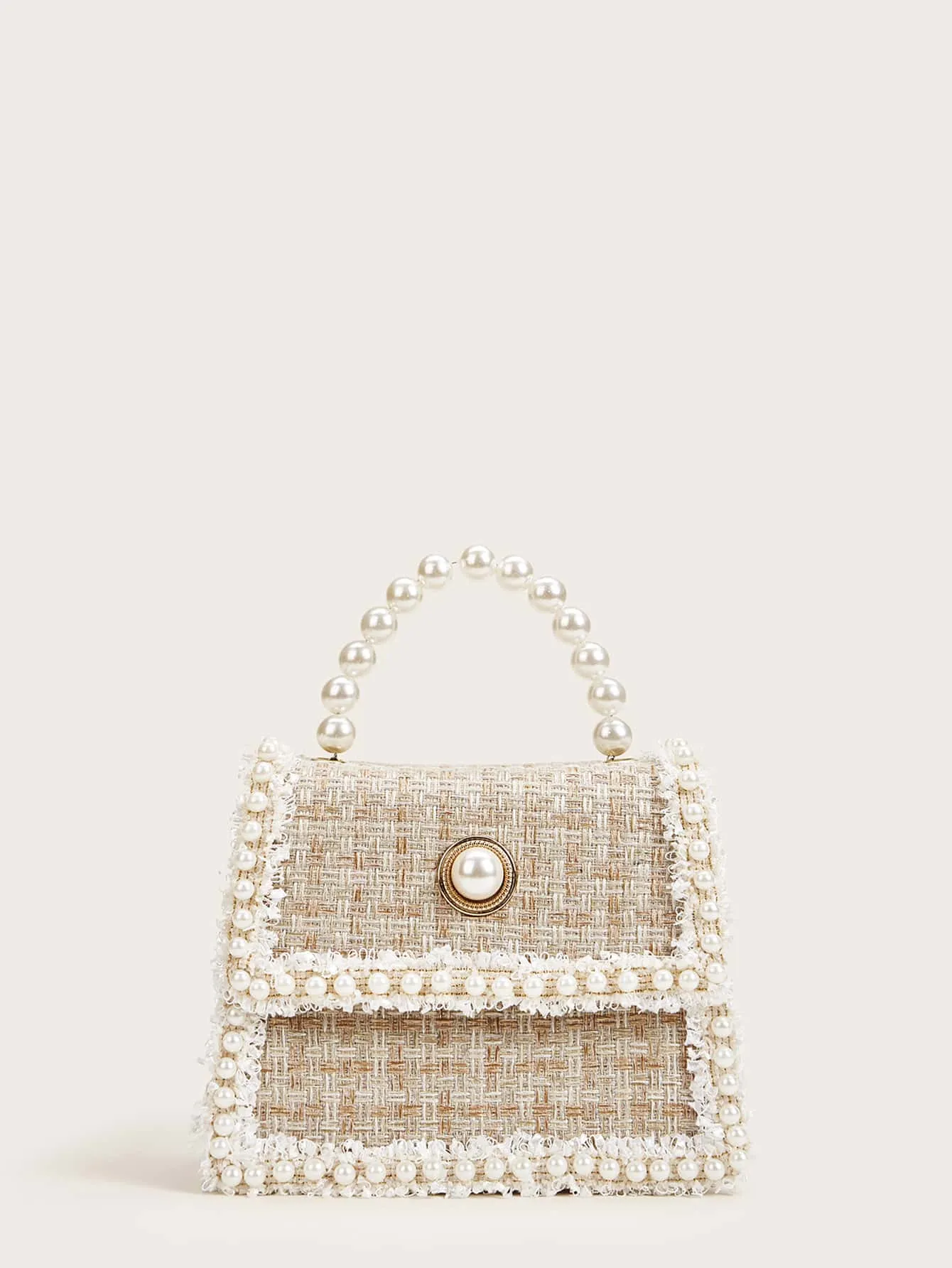 Faux Pearl Decor Tweed Satchel Bag - Beige