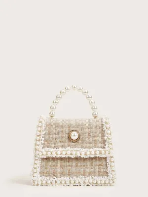 Faux Pearl Decor Tweed Satchel Bag - Beige