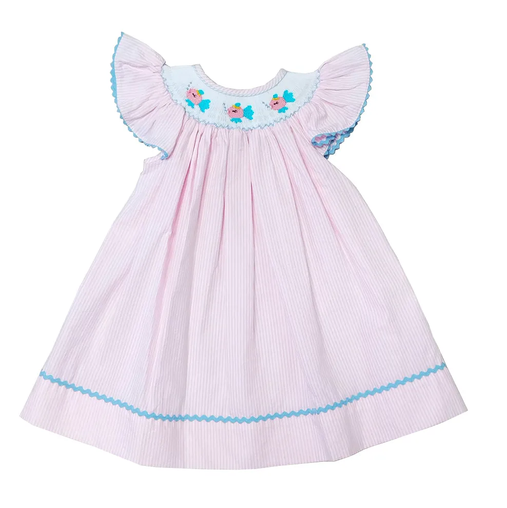 Girl's Hand Smocked Pink " Fish" Bishop Dress
