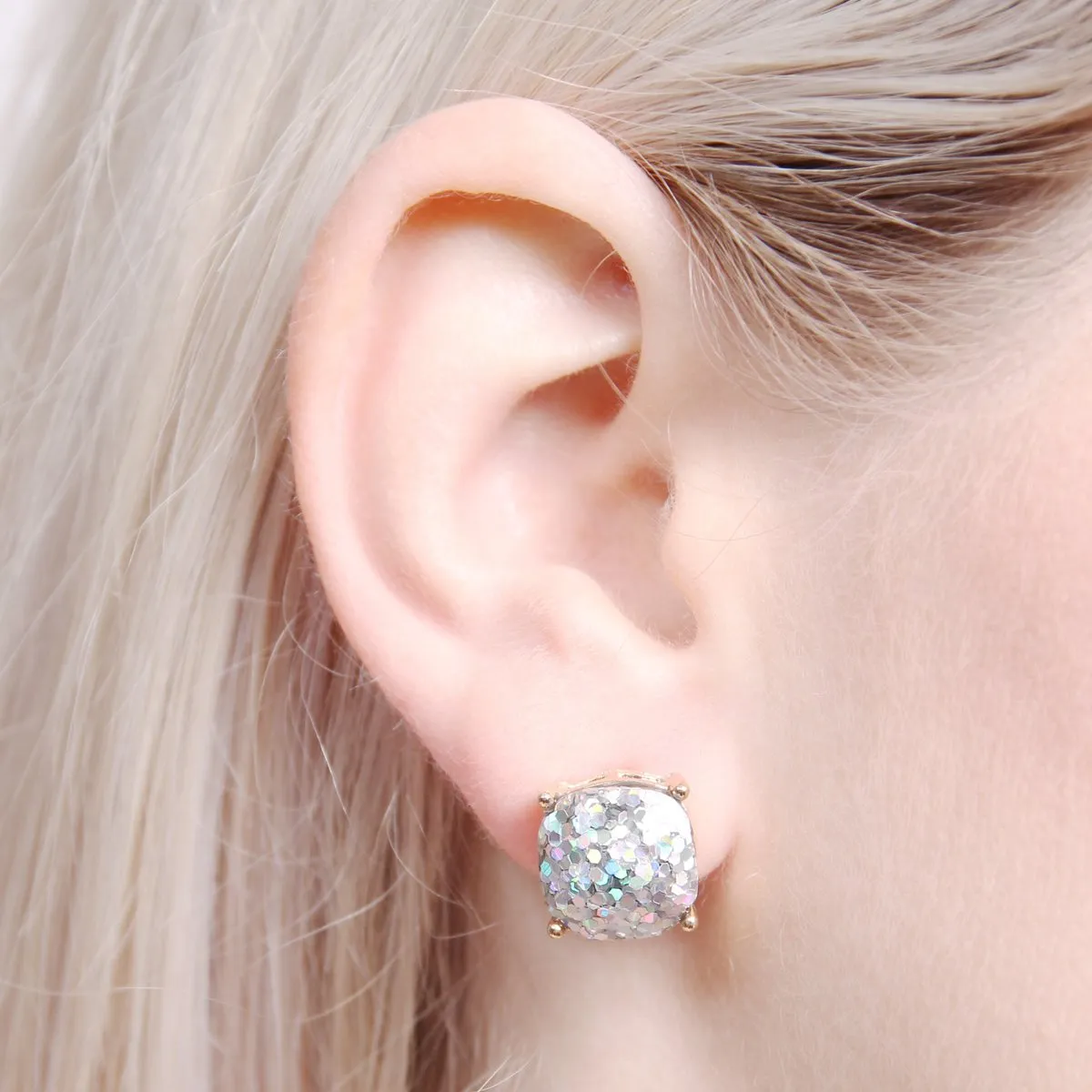 Glitter Cushion Cut Post Earrings- 3 Colors