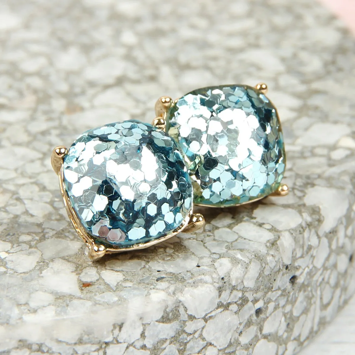 Glitter Cushion Cut Post Earrings- 3 Colors