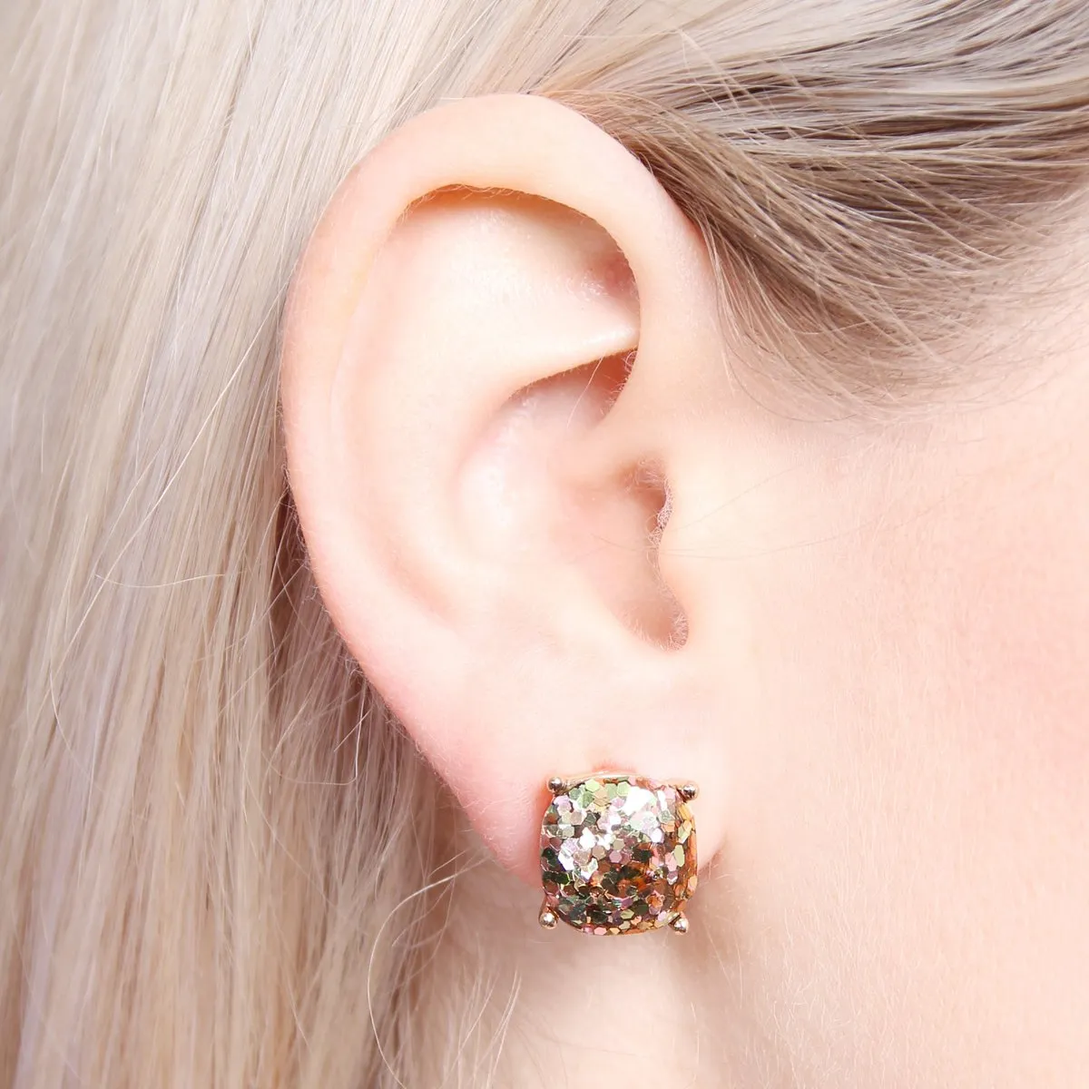 Glitter Cushion Cut Post Earrings- 3 Colors