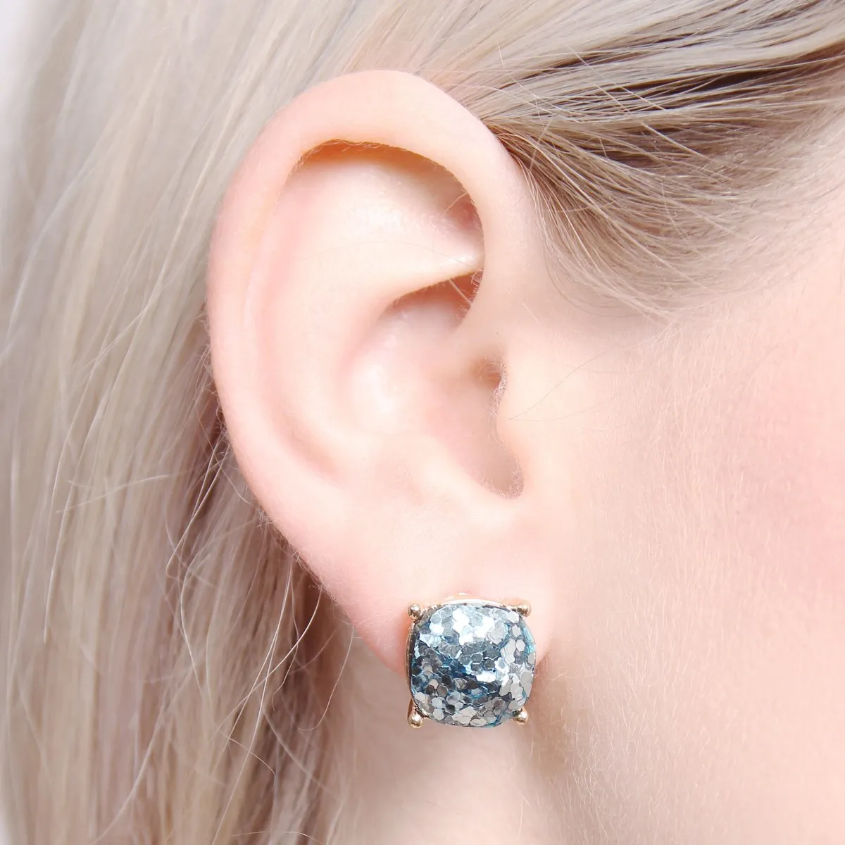 Glitter Cushion Cut Post Earrings- 3 Colors