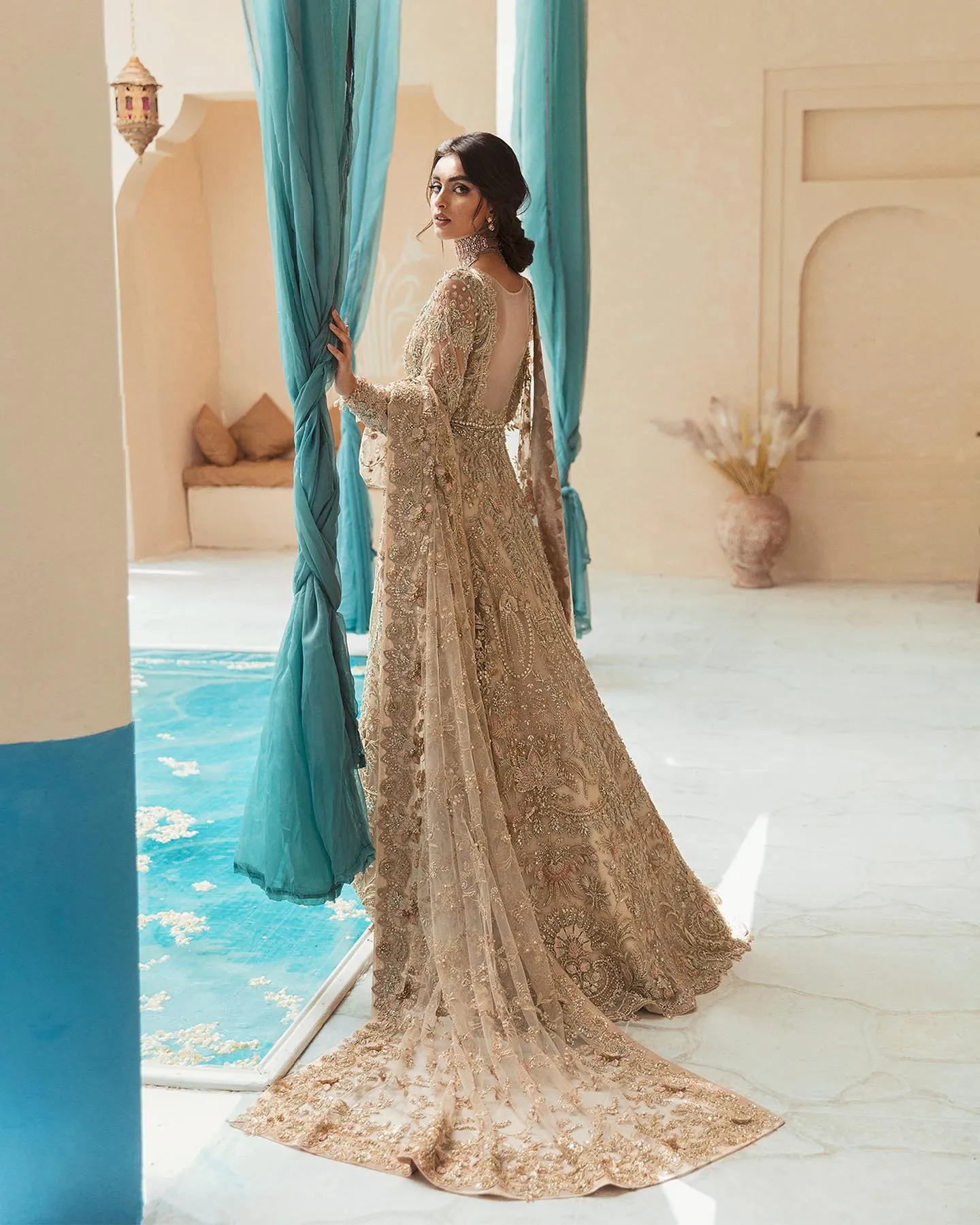 Golden Open Gown with Bridal Lehenga and Dupatta Dress