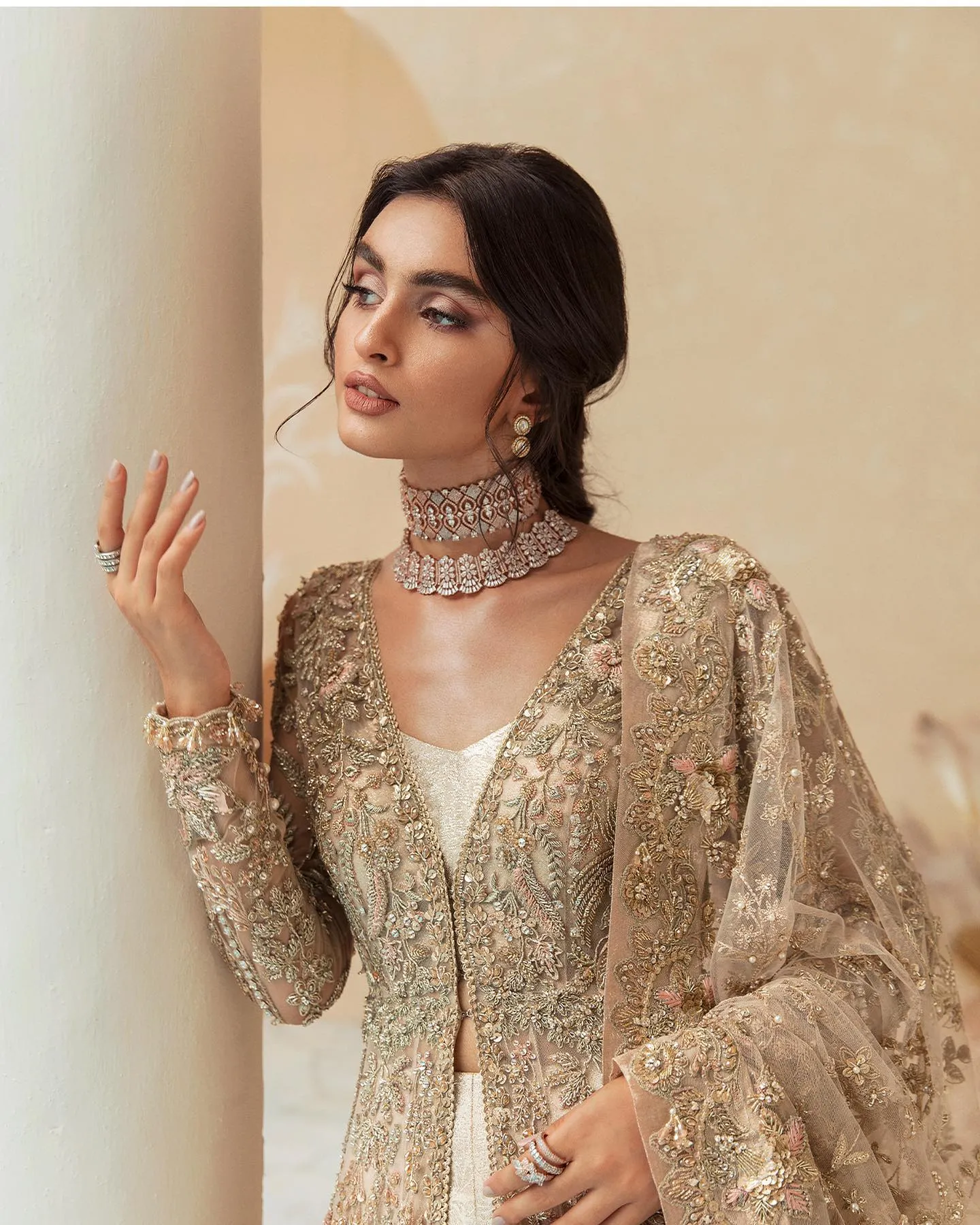 Golden Open Gown with Bridal Lehenga and Dupatta Dress