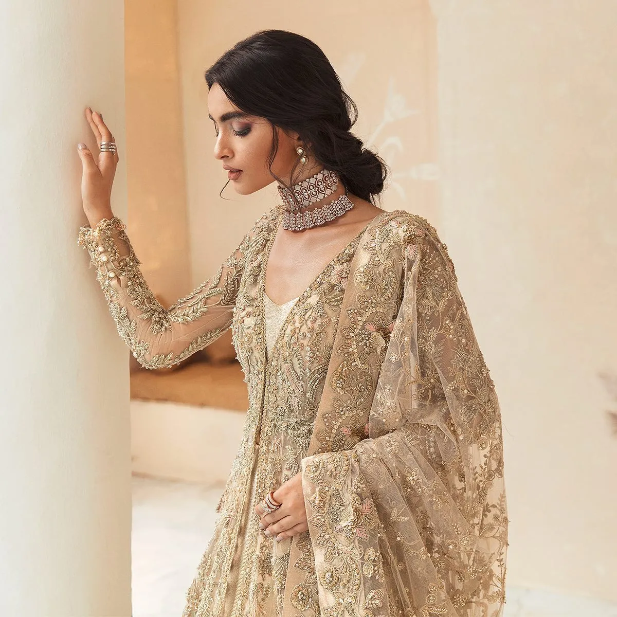Golden Open Gown with Bridal Lehenga and Dupatta Dress