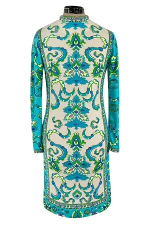 Gorgeous 1970s Mr. Dino Elaborate Print Mini Shift Dress in Turquoise & Yellows