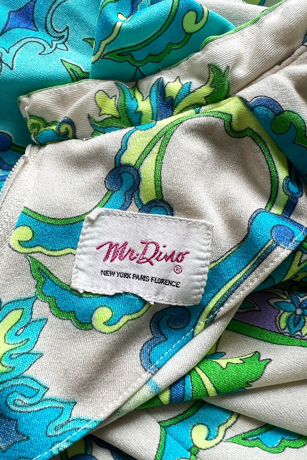Gorgeous 1970s Mr. Dino Elaborate Print Mini Shift Dress in Turquoise & Yellows