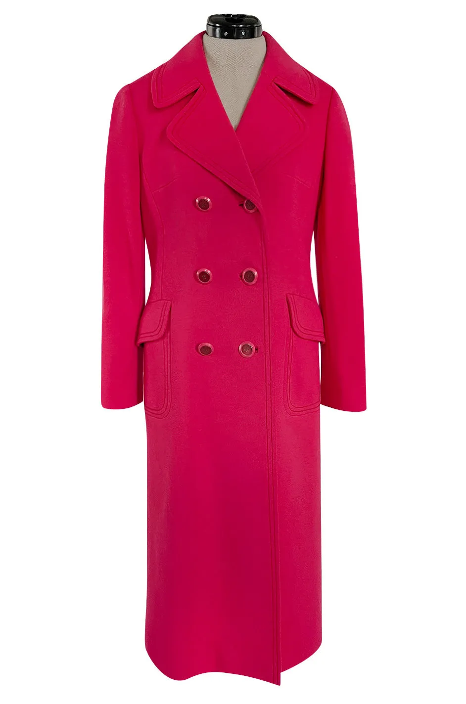 Gorgeous 1970s Unlabeled Top Stitched Knit Jersey Coat in a Bright Joyful Raspberry Coral Colour