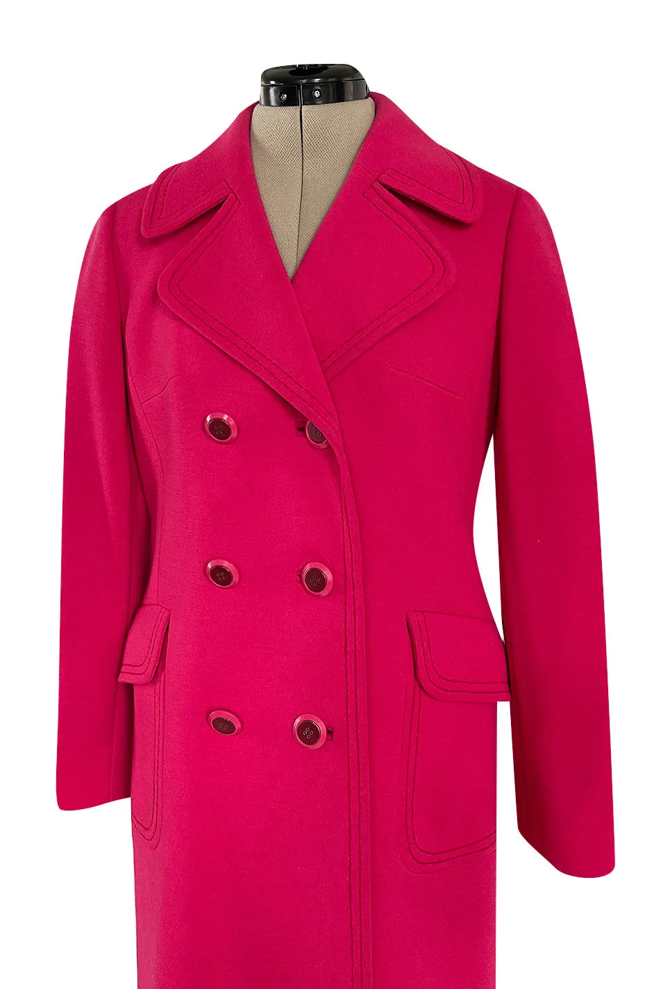 Gorgeous 1970s Unlabeled Top Stitched Knit Jersey Coat in a Bright Joyful Raspberry Coral Colour