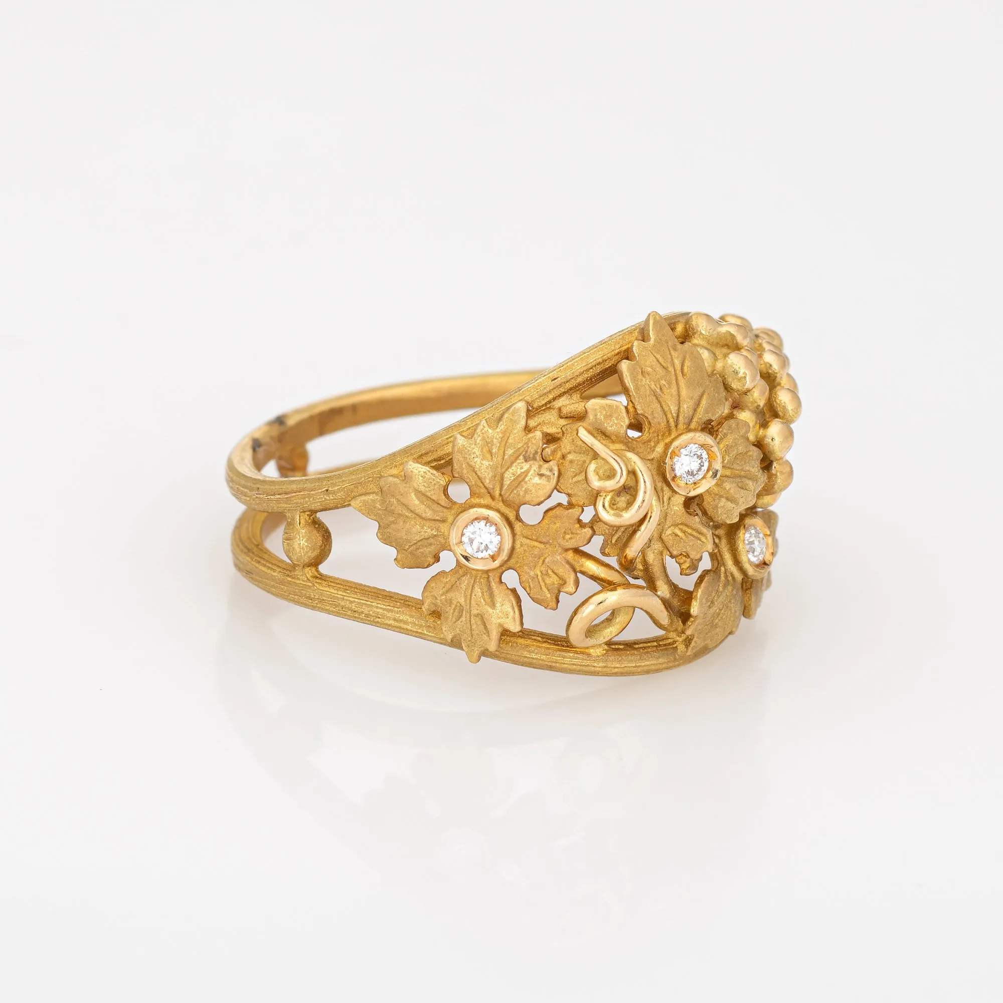 Grape Leaf Diamond Ring Vintage 18k Yellow Gold Dome Band Nature Jewelry Sz 6.75
