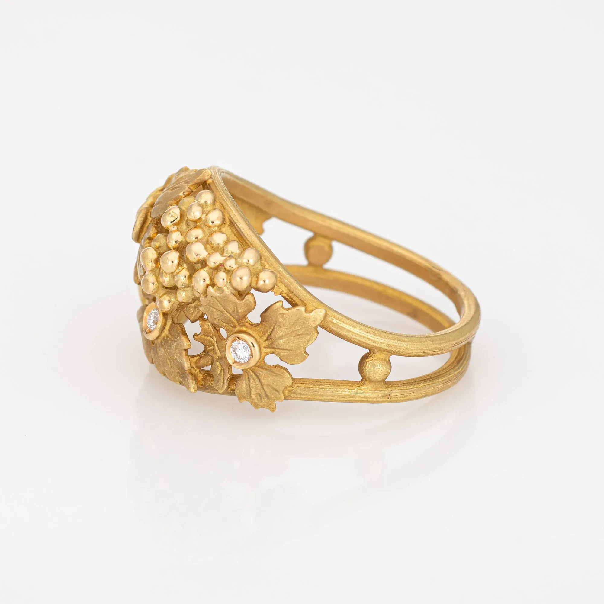 Grape Leaf Diamond Ring Vintage 18k Yellow Gold Dome Band Nature Jewelry Sz 6.75
