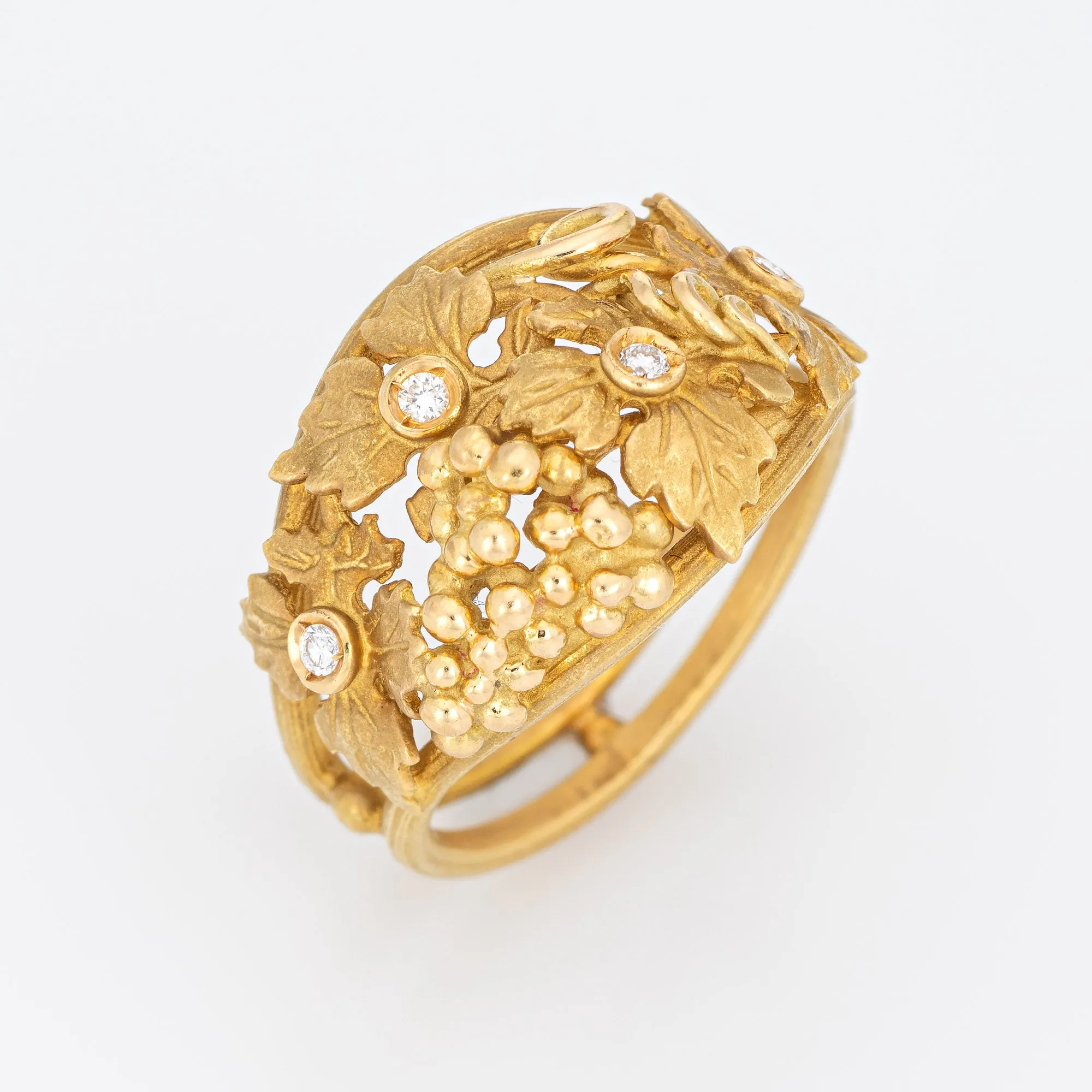 Grape Leaf Diamond Ring Vintage 18k Yellow Gold Dome Band Nature Jewelry Sz 6.75