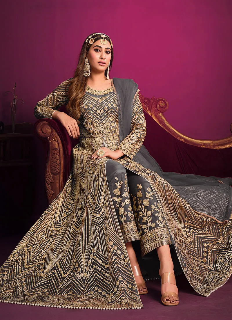 Grey Golden Embroidery Slit Style Anarkali Pant Suit